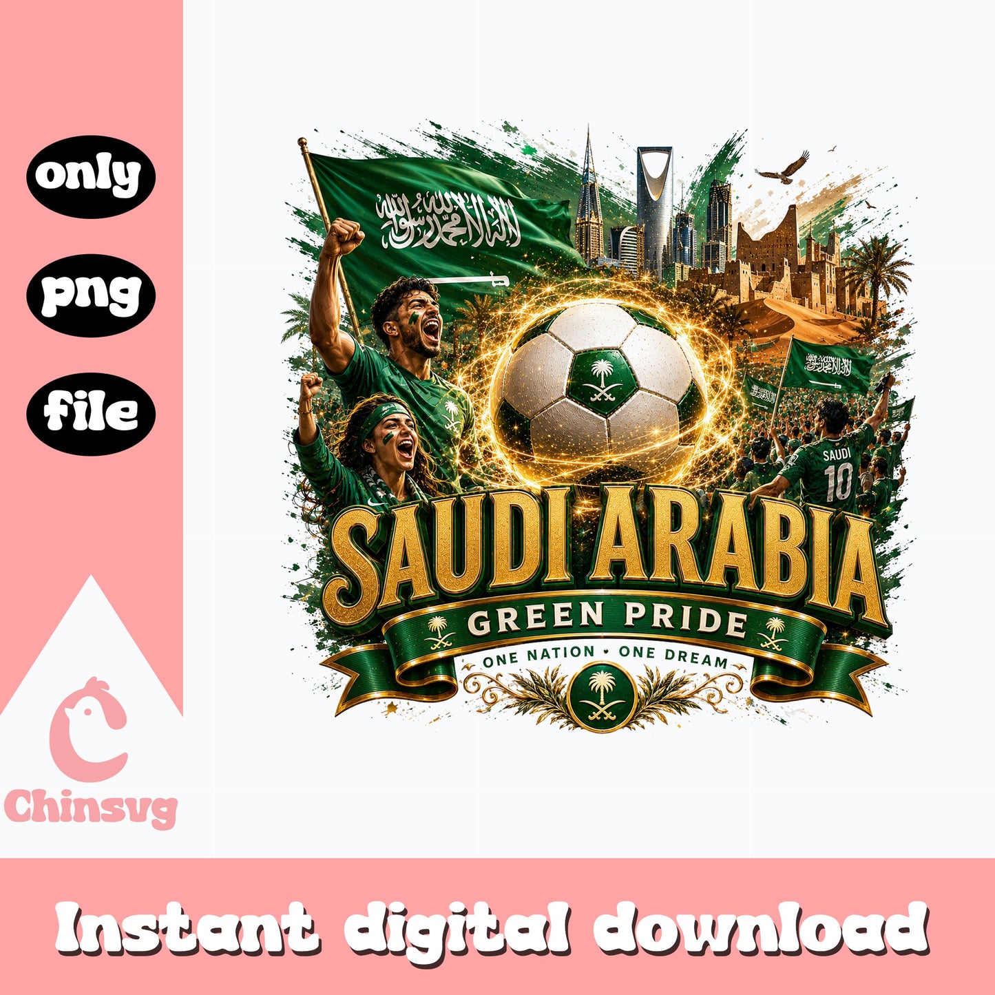 Saudi Arabia Soccer Green Pride PNG, Football Fan PNG, One Nation PNG