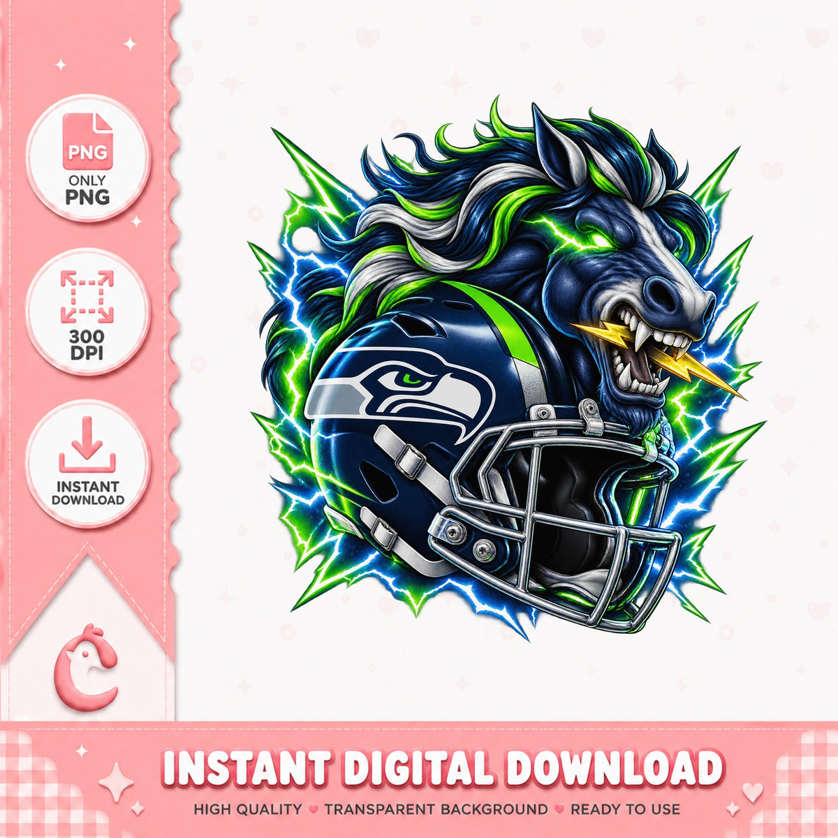 Seattle Seahawks Horse Lightning PNG, NFL Football PNG, Instant Download PNG