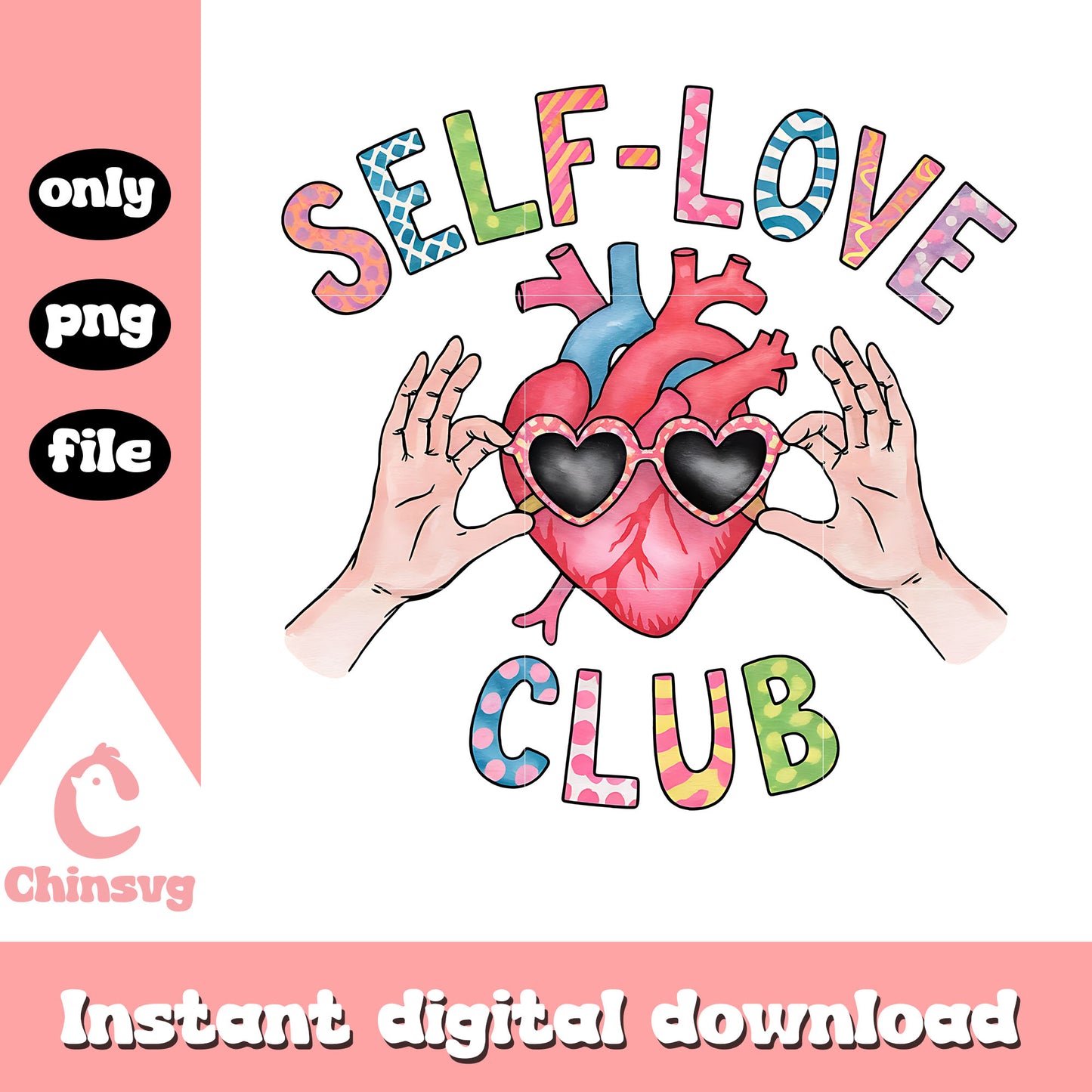 Self love club design png, cool heart png, valentine png