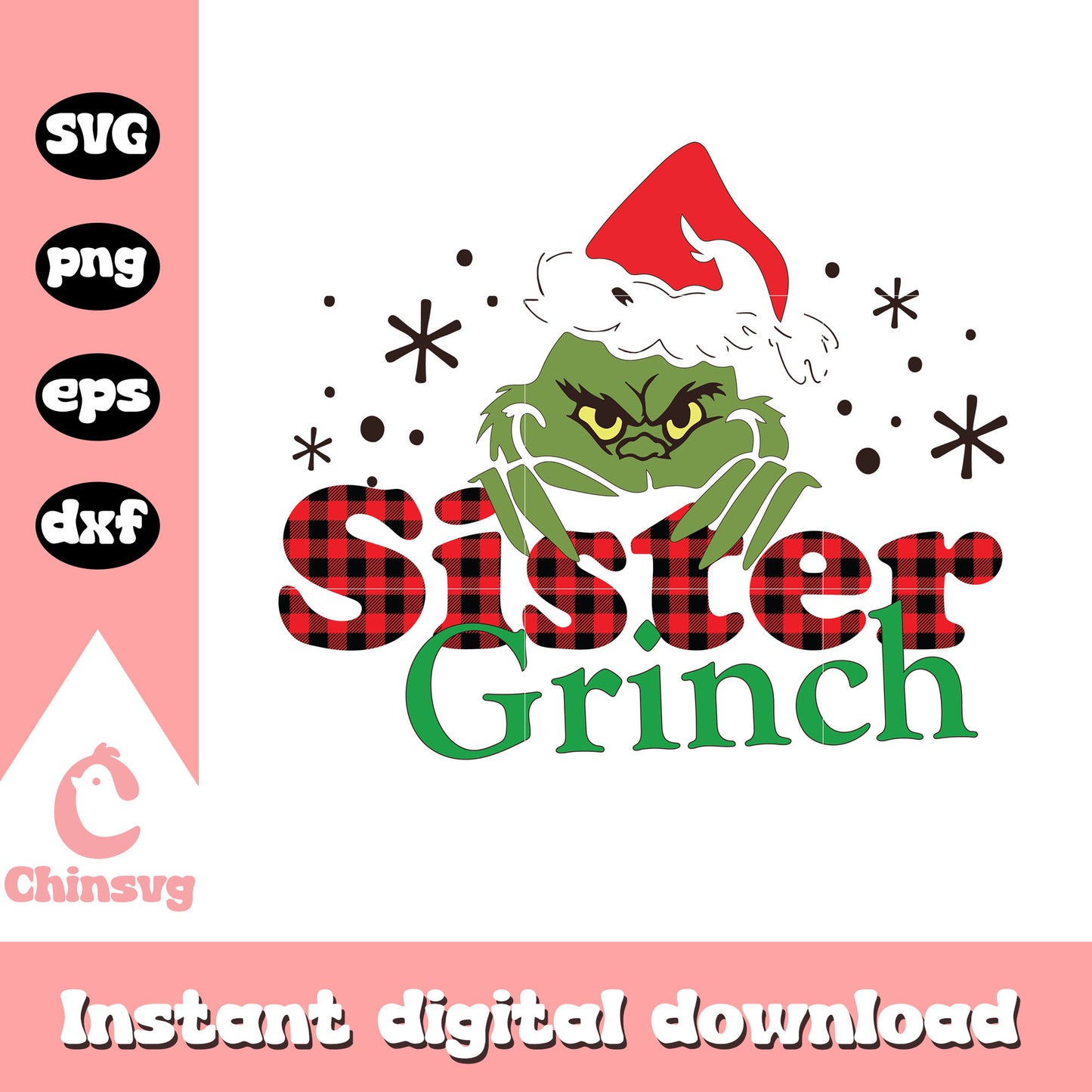 Sister grinch buffalo plaid christmas svg, grinch in santa hat svg