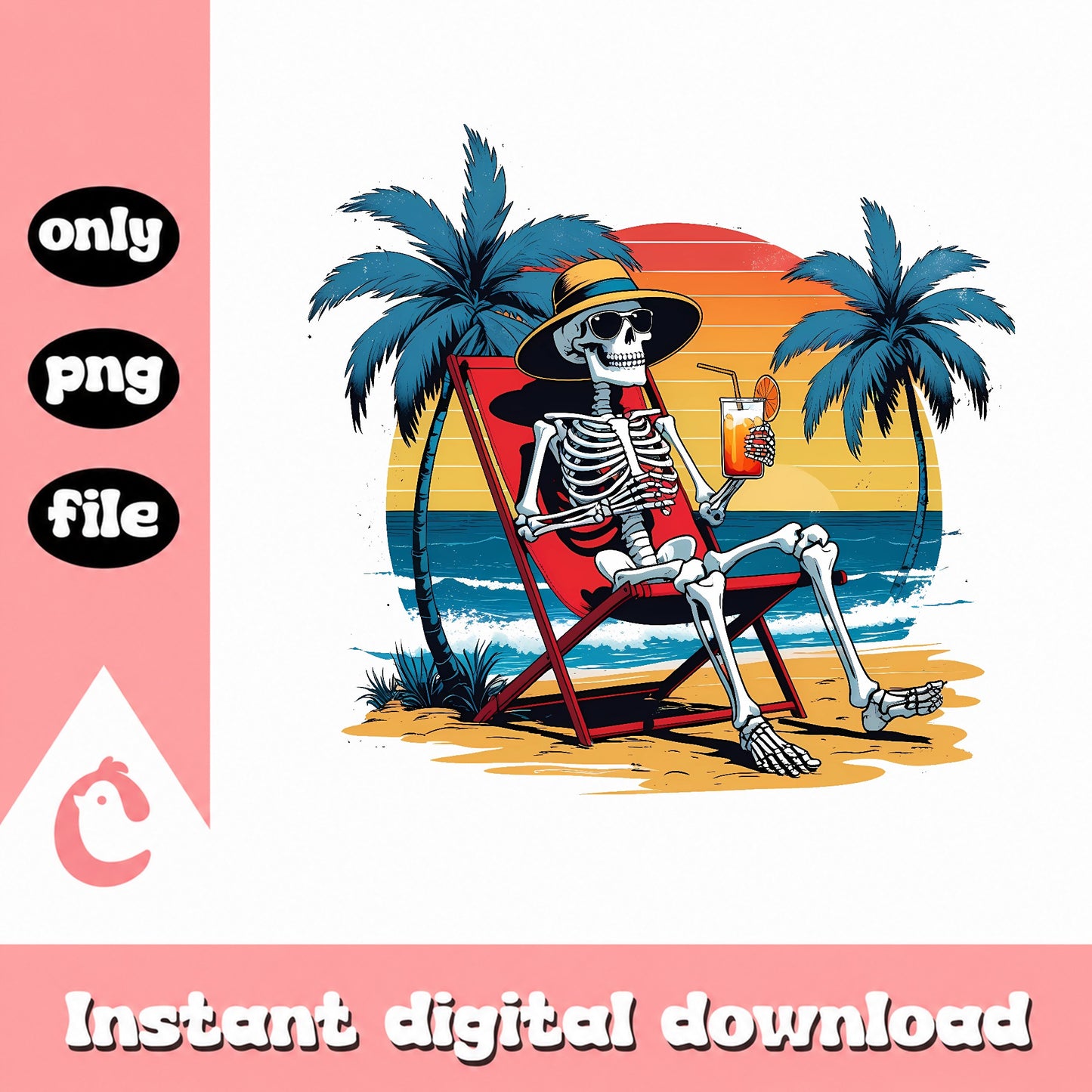 Skeleton Beach Summer Retro PNG, Funny Skull PNG, Summer PNG