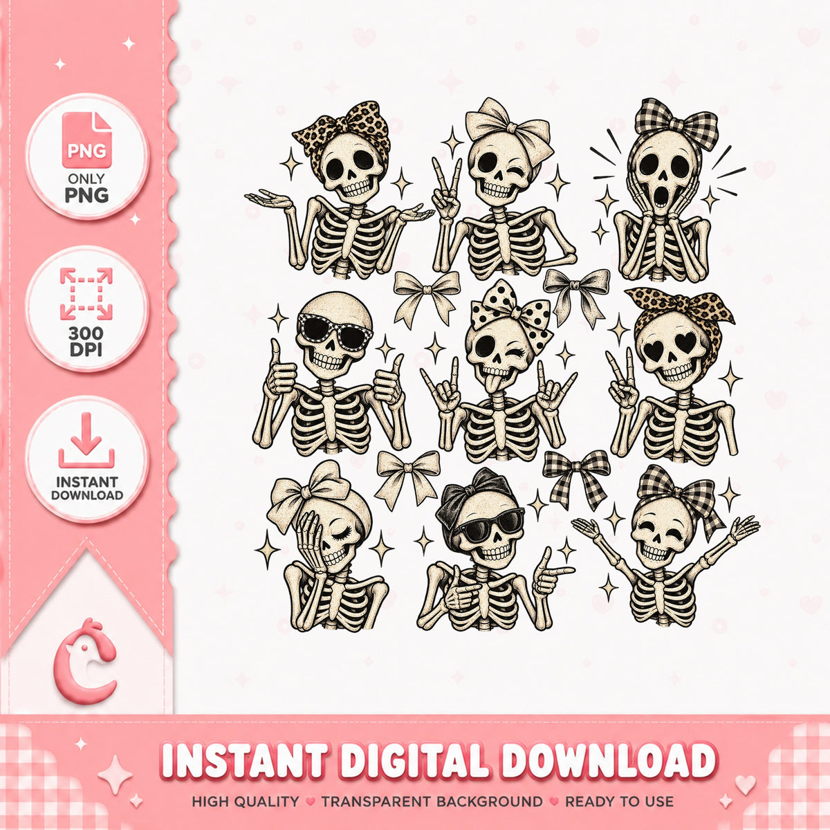 Skeleton Girl With Bow PNG Bundle, Cute Skull Clipart, PNG