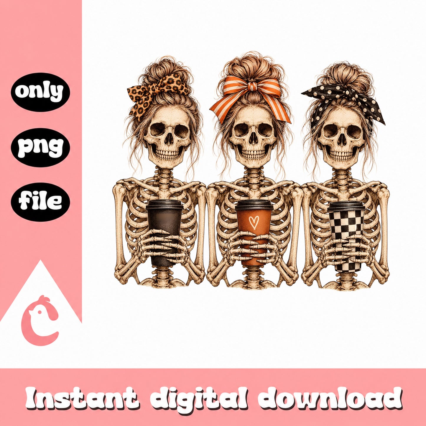 Skeleton Women Coffee Halloween PNG, Messy Bun Skull PNG