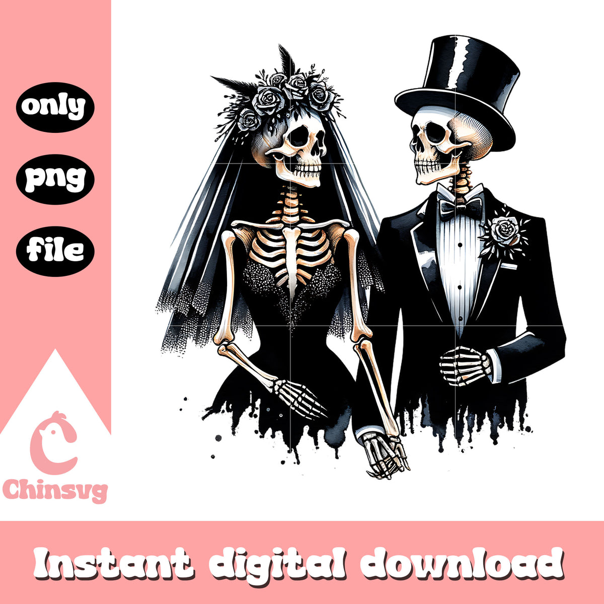 Skeleton bride and groom png, love skeleton couple png