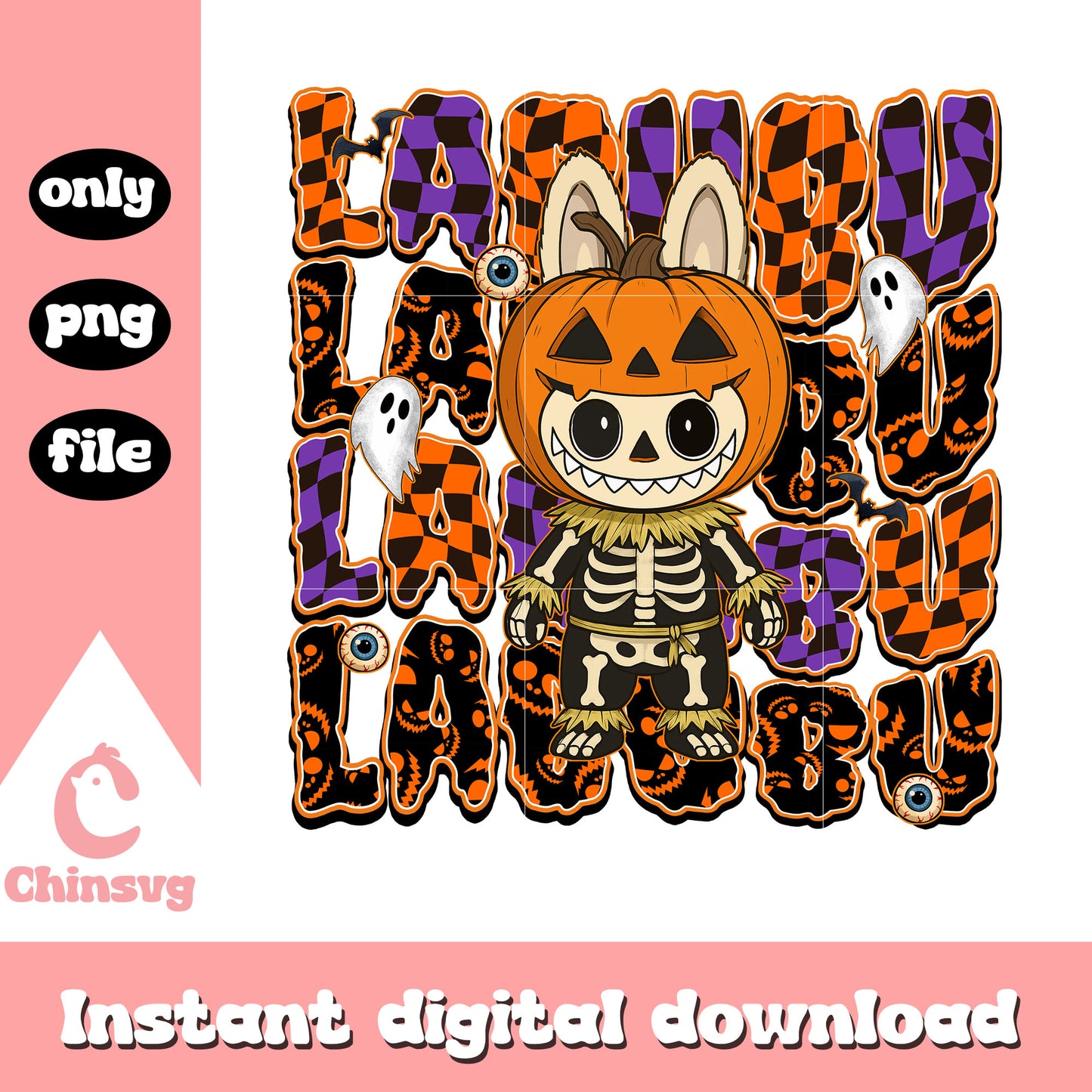 Skeleton pumpkin labubu doll design png, skeleton png, halloween png