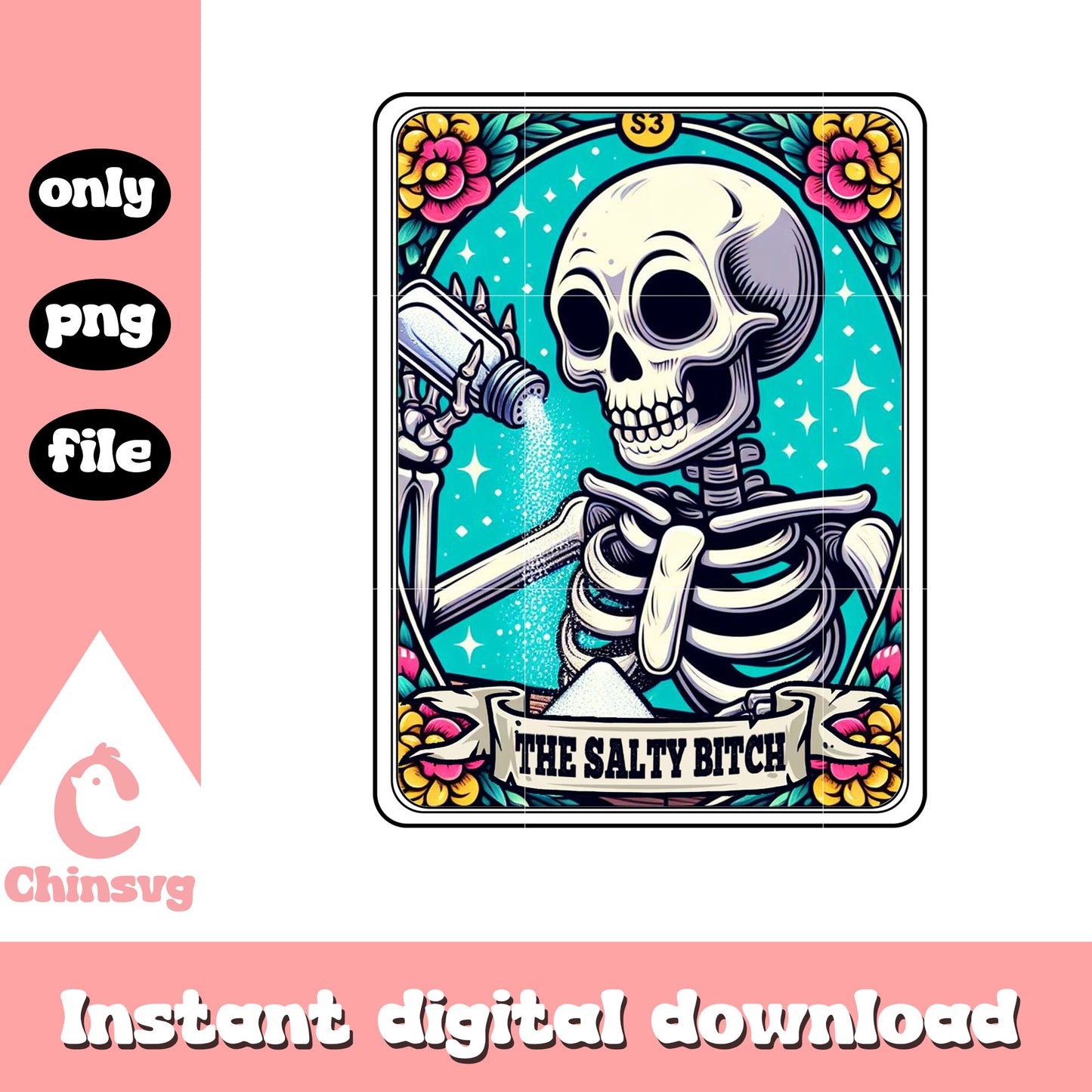 Skeleton salty bitch tarot card png, tarot card design png