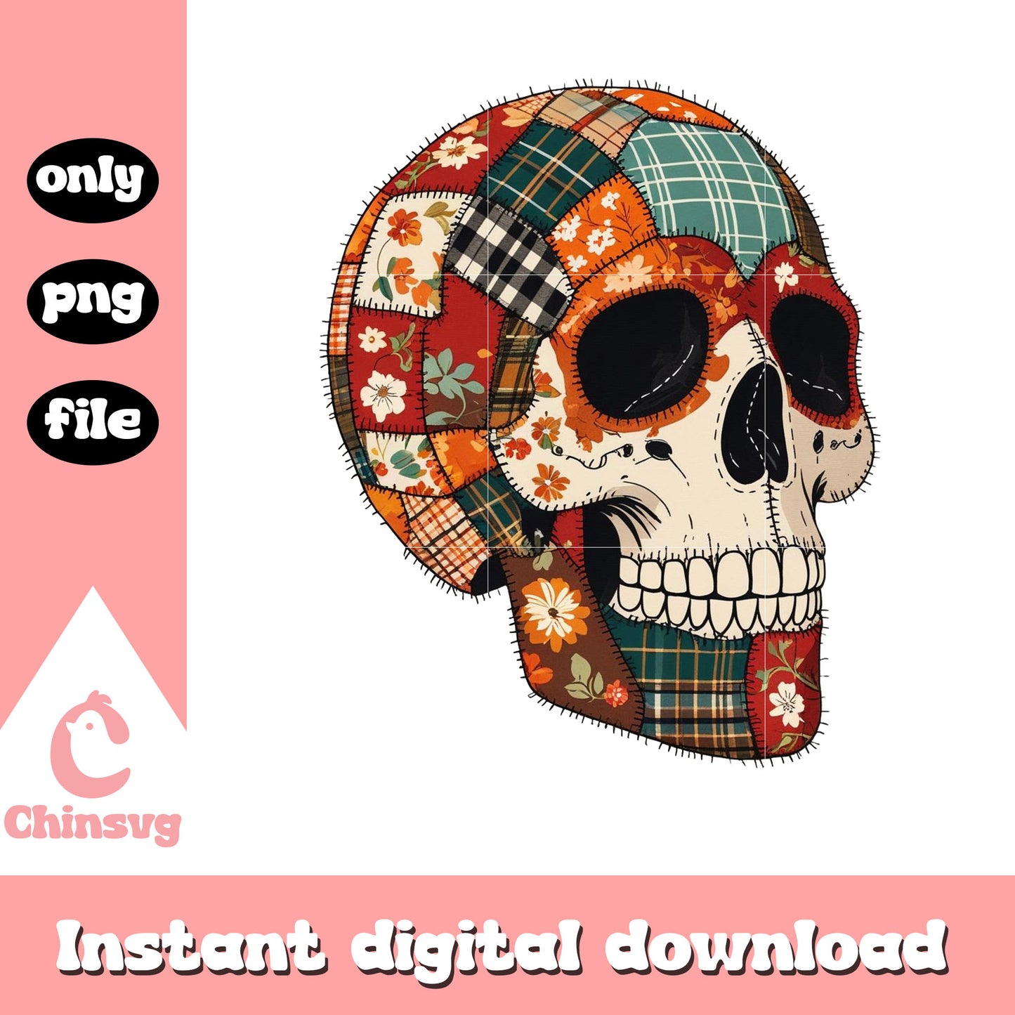 Skull vintage patchwork designpng, halloween day png