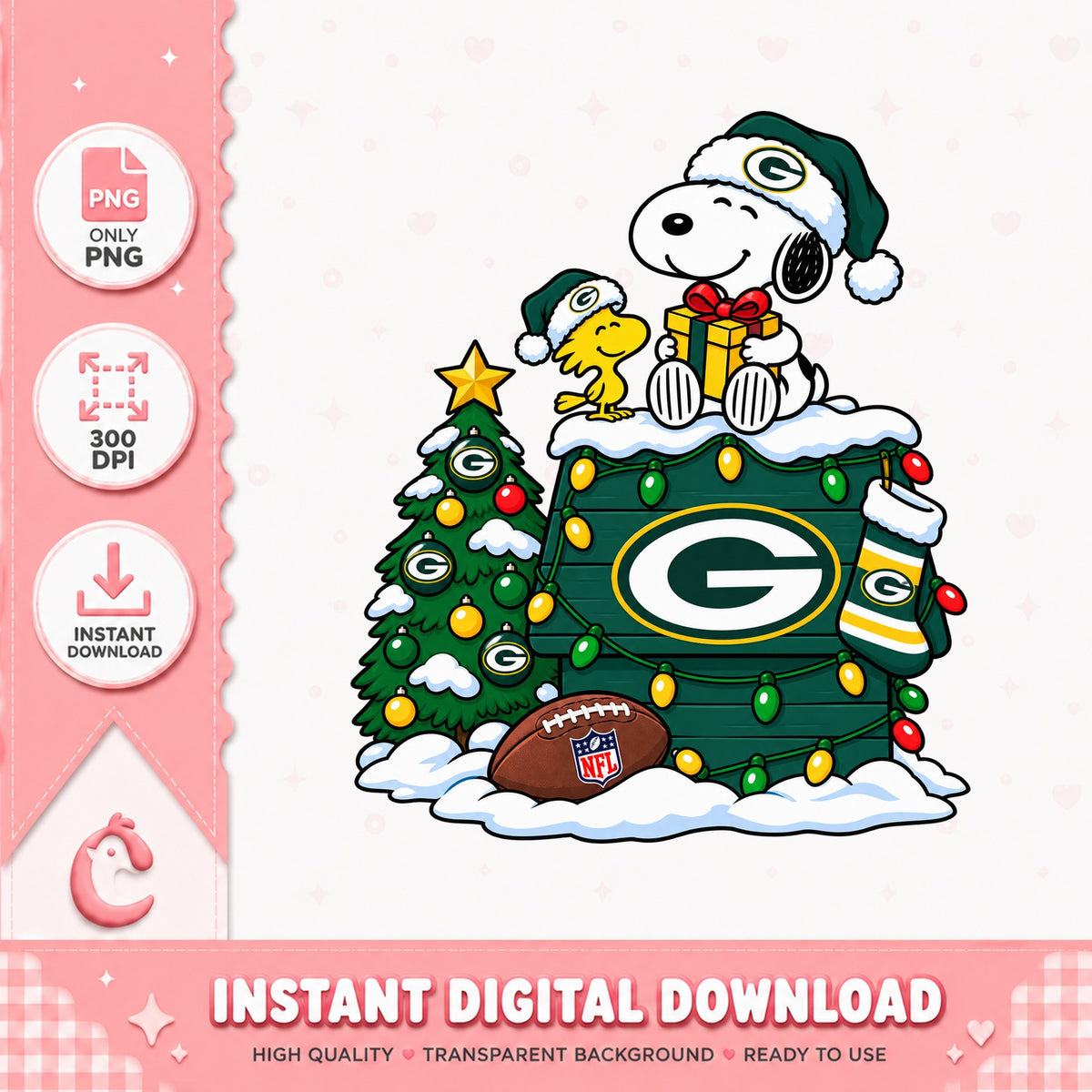Snoopy Green Bay Packers Christmas PNG, NFL Football PNG, Holiday PNG