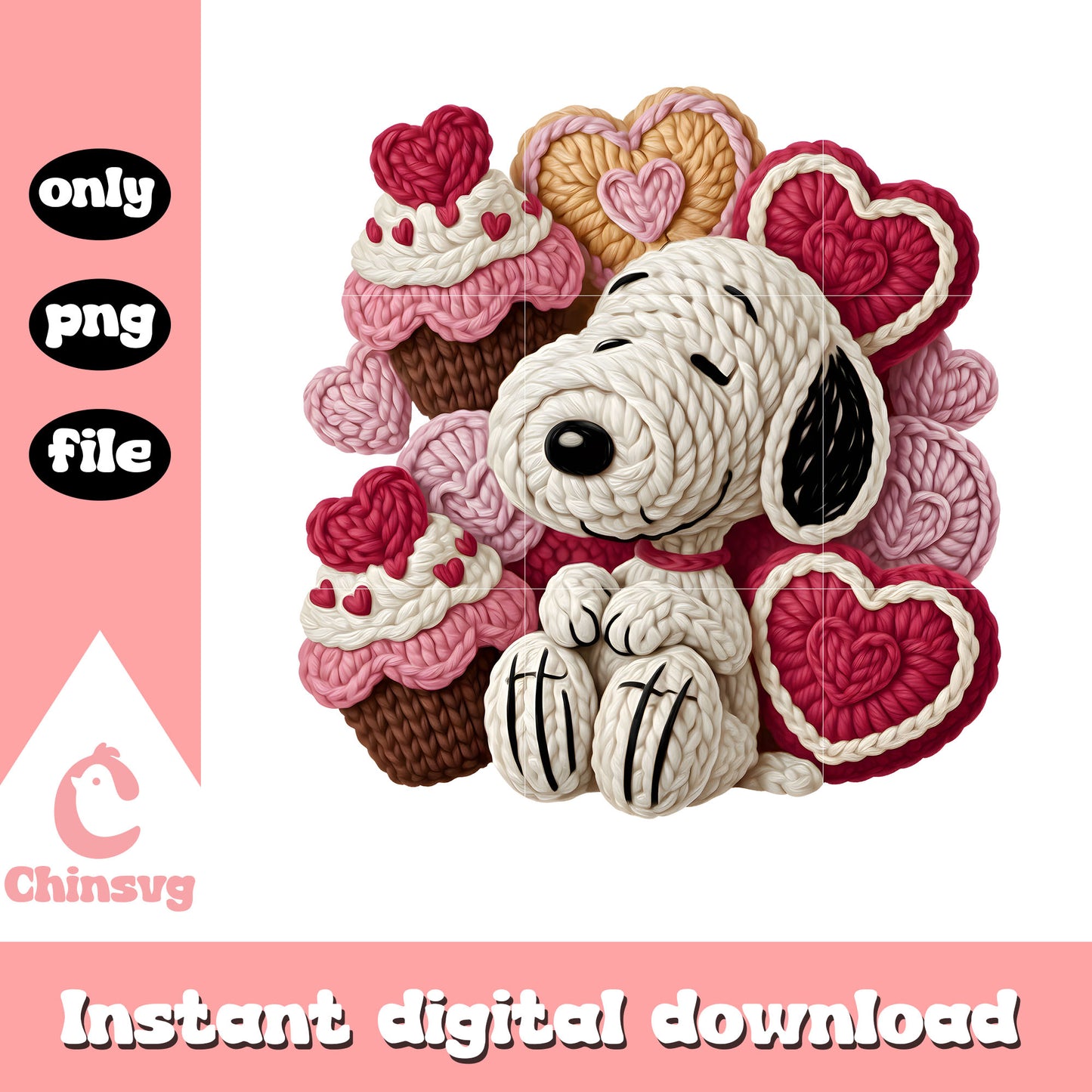 Snoopy cake valentine crochet png, cute snoopy valentines png