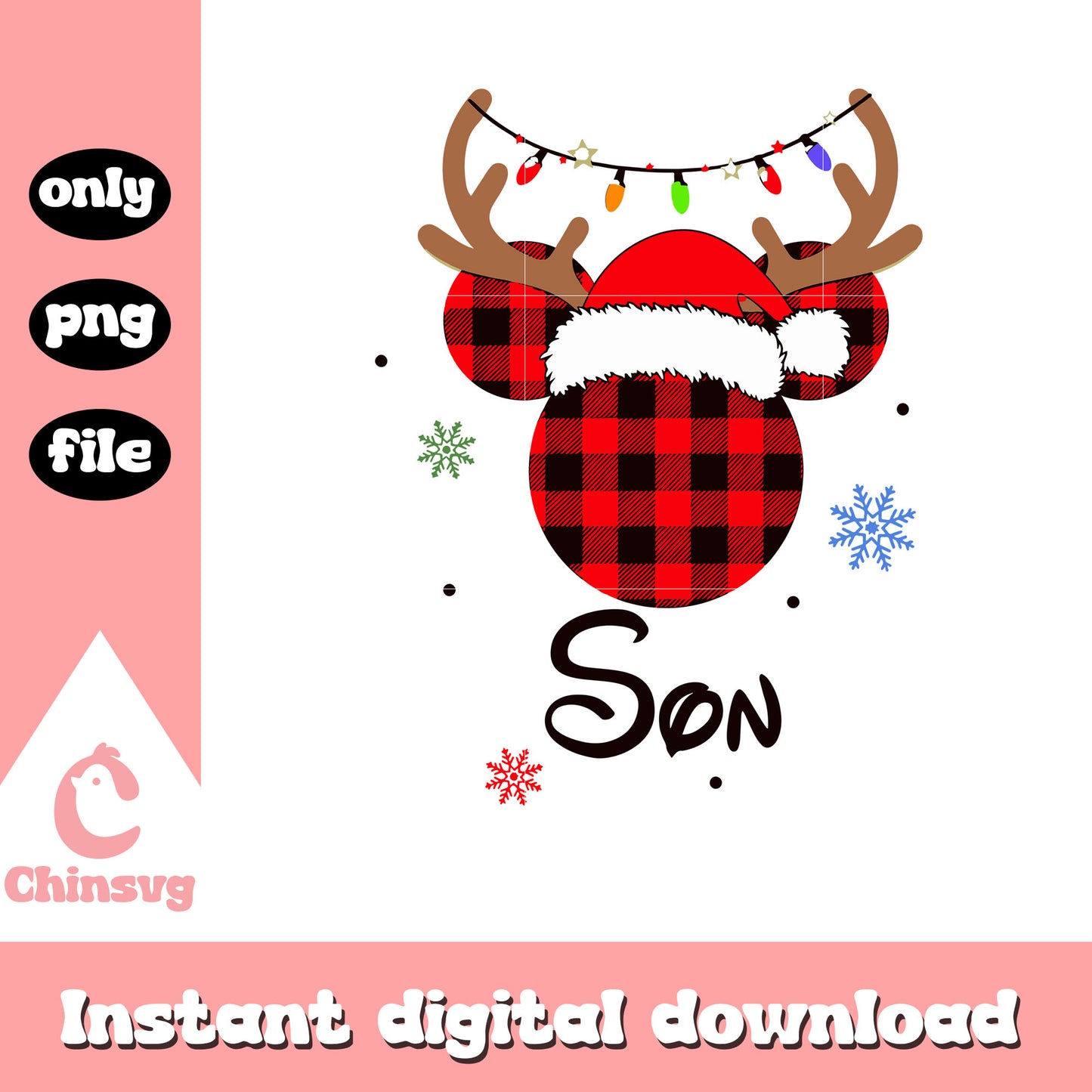 Son mickey ears reindeer plaid design png, mickey mouse christmas png