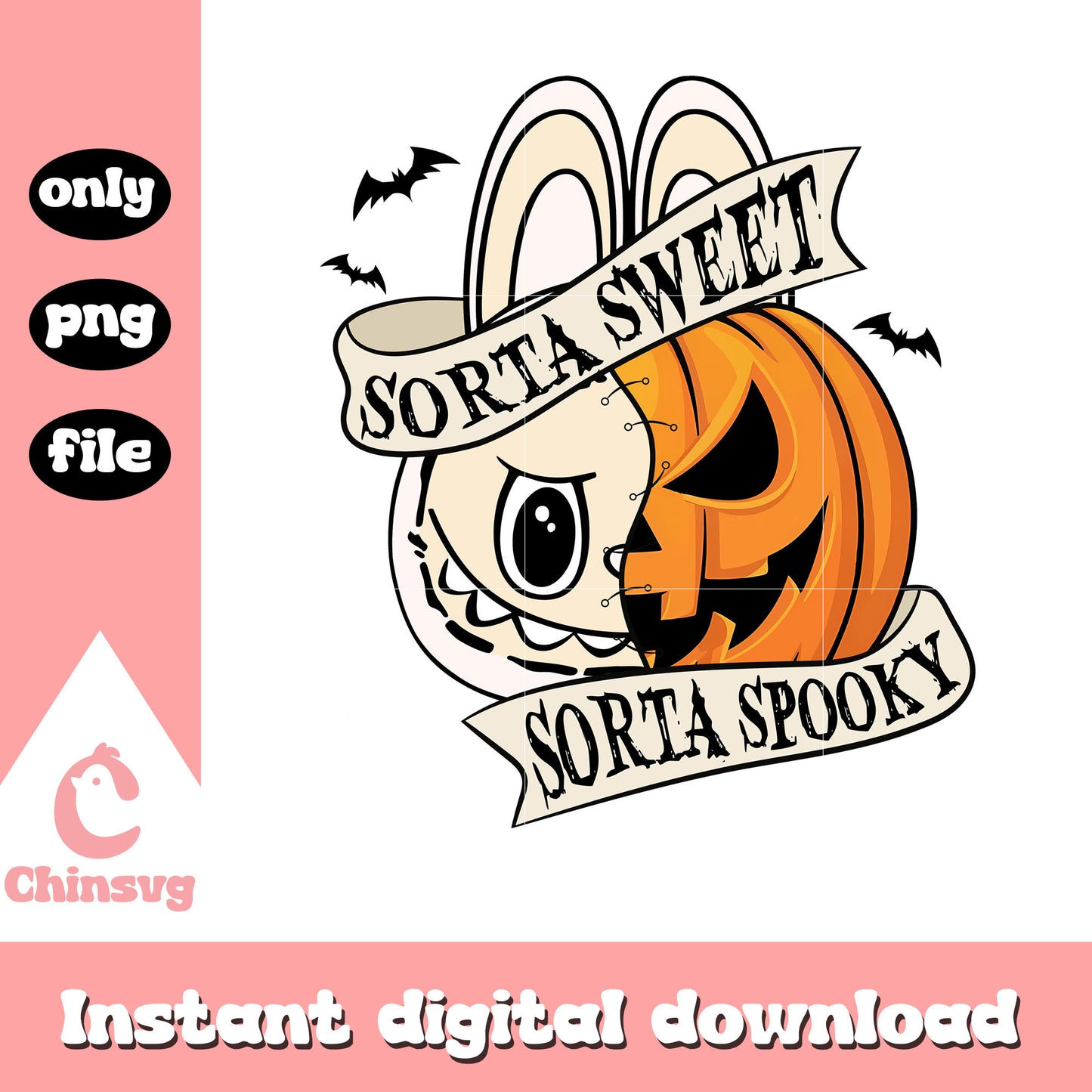 Sorta sweet sorta spooky white labubu face pumpkin png, halloween png