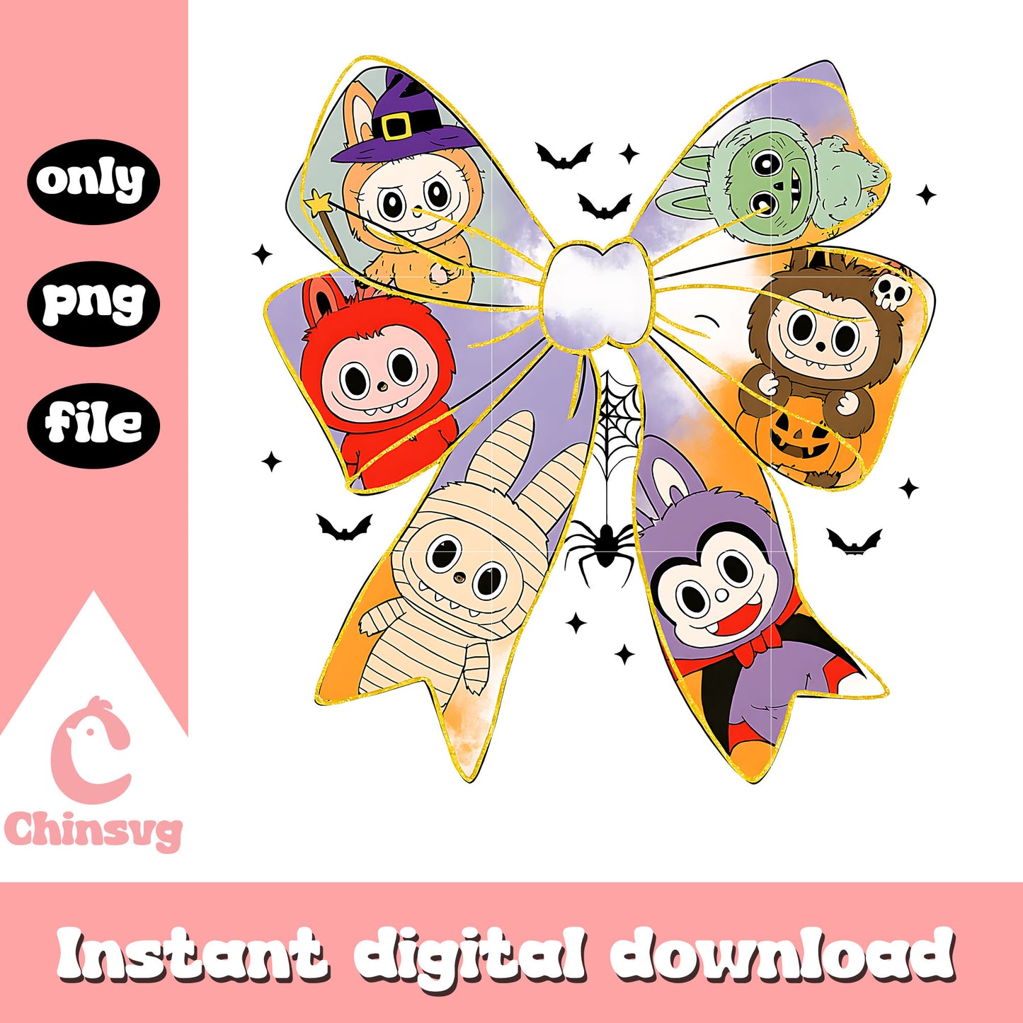 Spooky labubu big bow happy halloween design png, halloween png