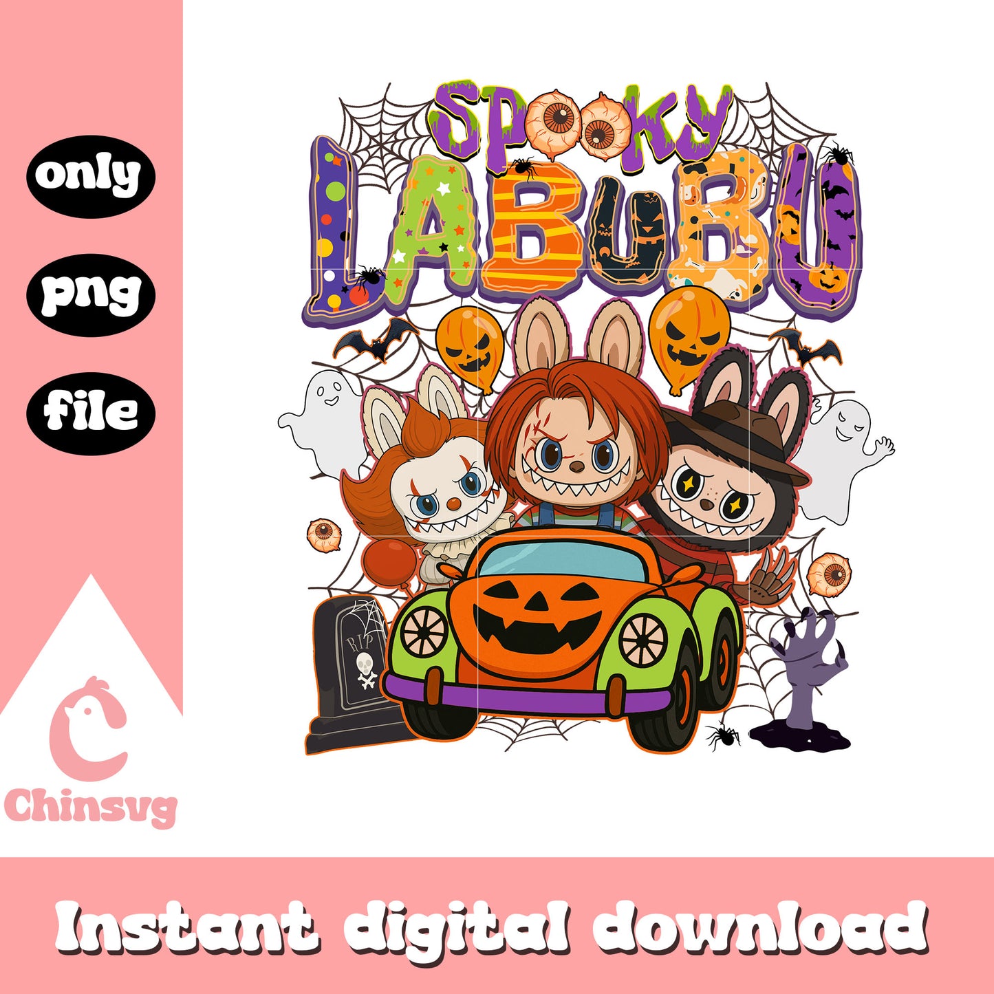 Spooky labubu character doll car halloween design png, labubu png