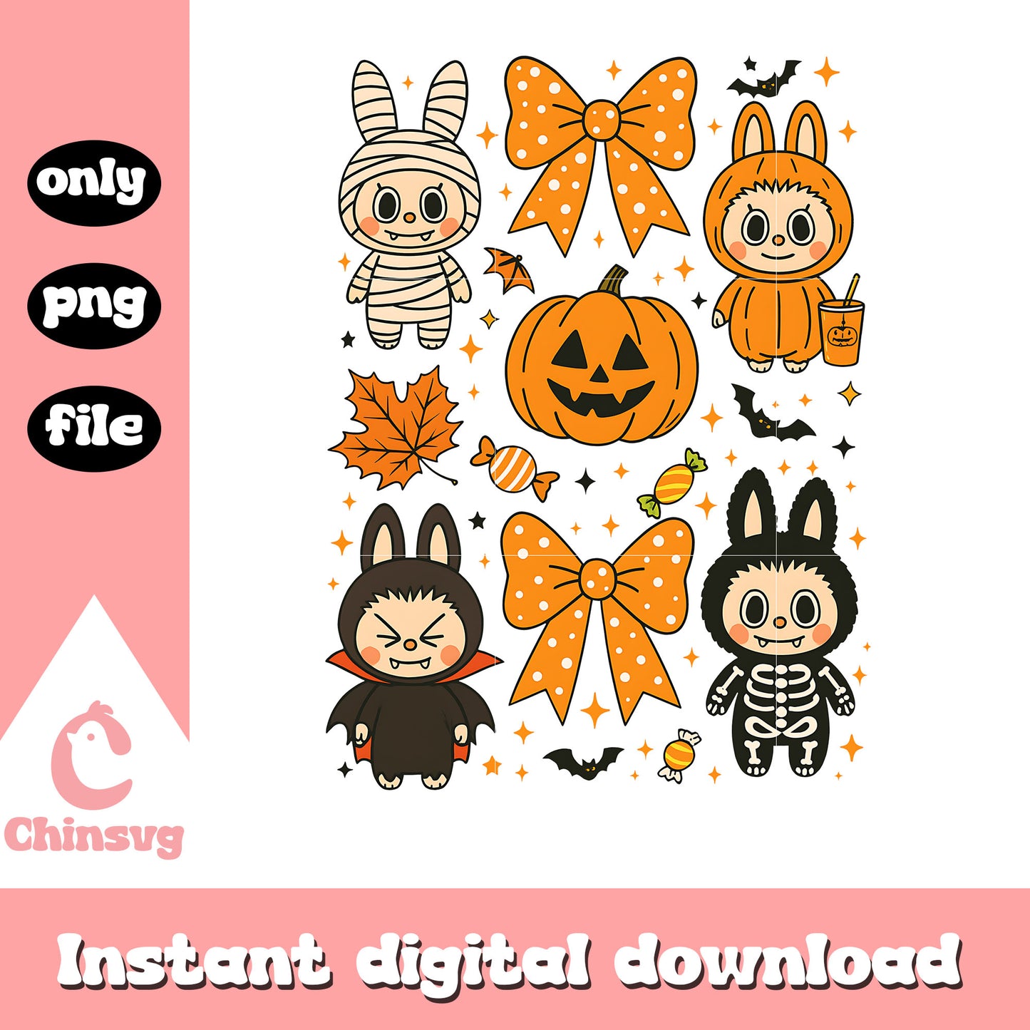 Spooky labubu coquette bow pumpkin fall design png, fall autumn png