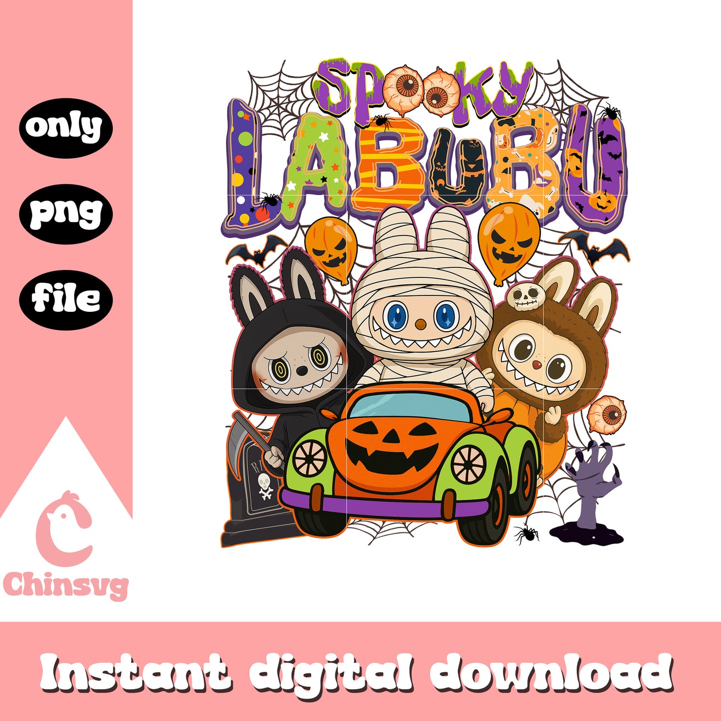 Spooky labubu ghost monsters car design png, happy halloween png