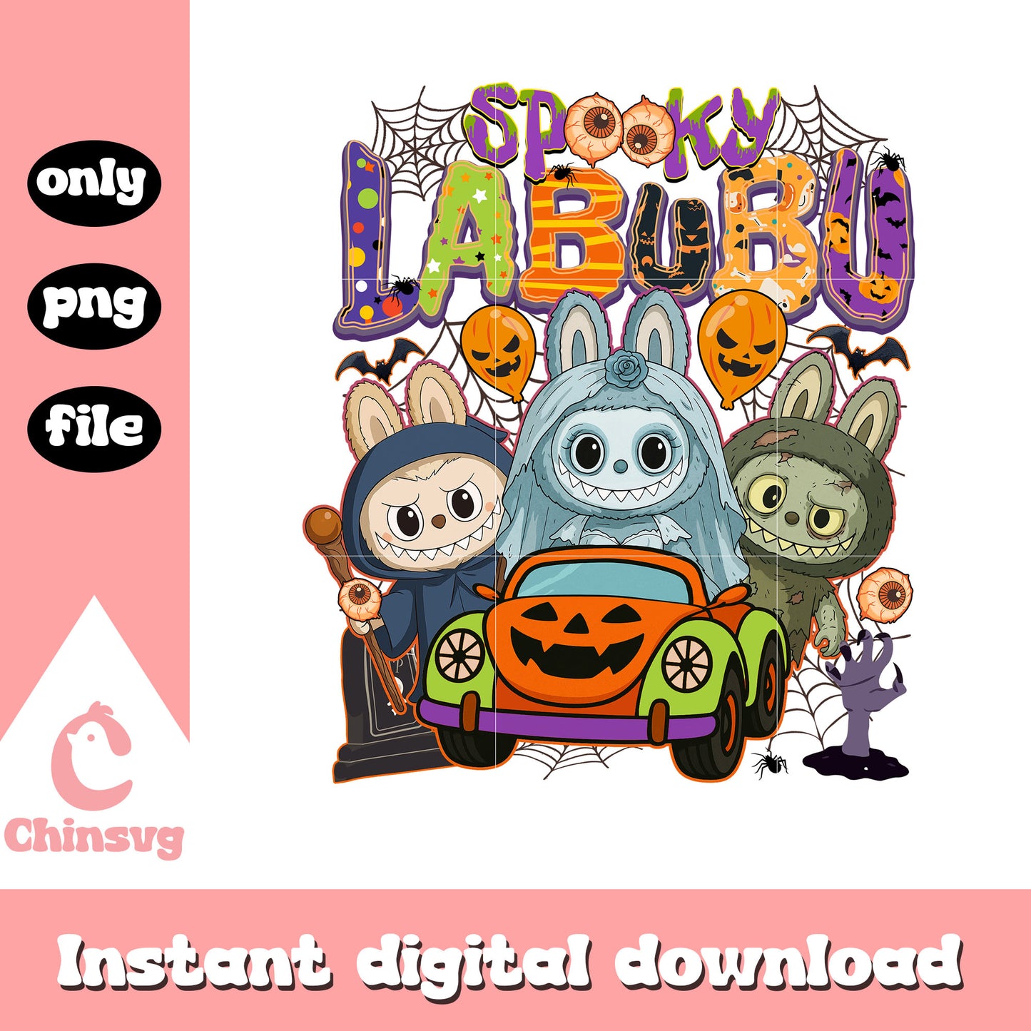 Spooky labubu ghost pumpkin car design png, halloween png