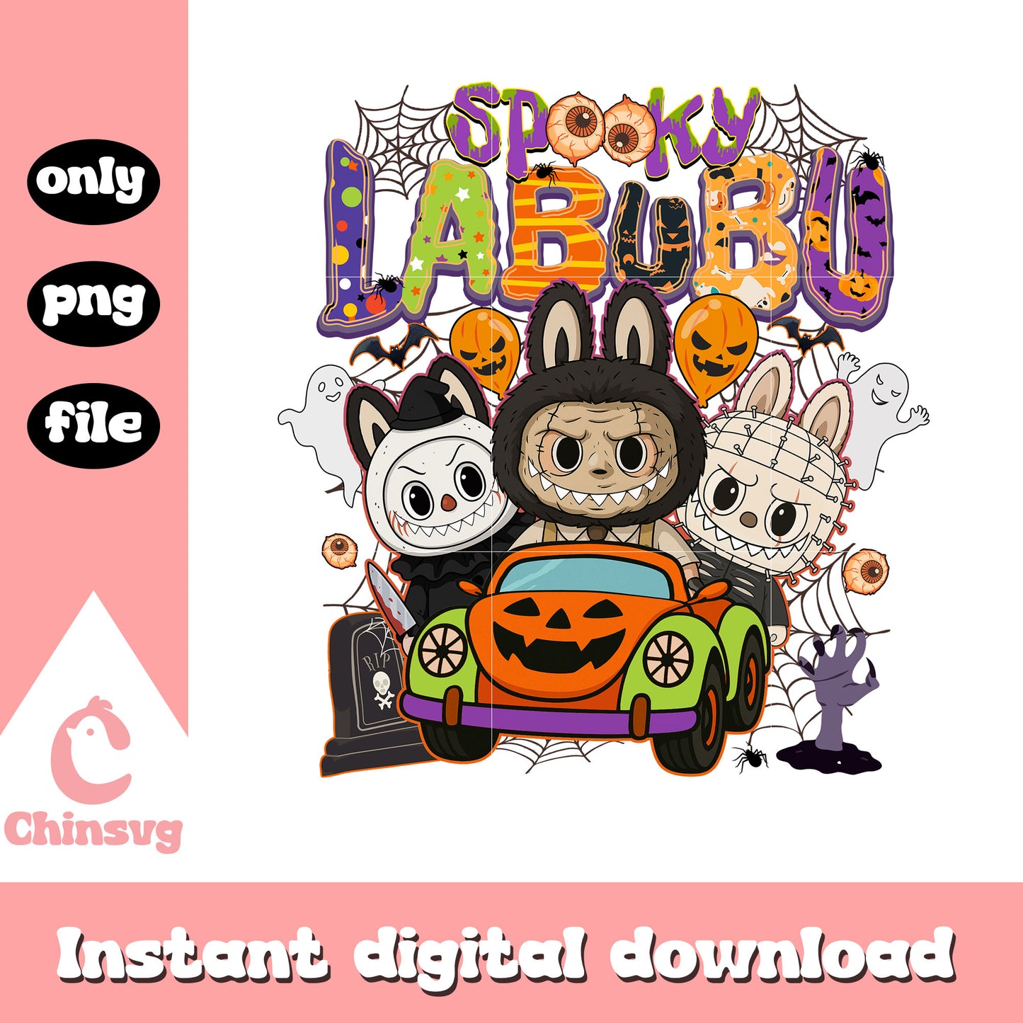 Spooky labubu horror monsters pumpkin car png, halloween decor png