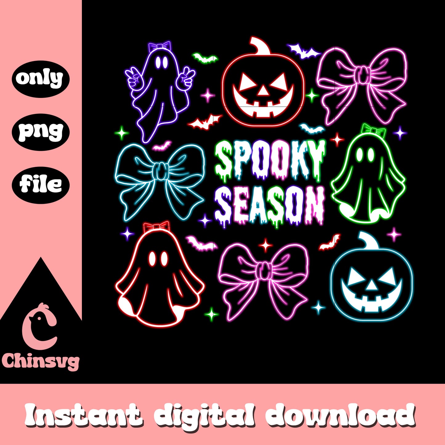 Spooky season halloween ghost bow pumpkin neon png, cute ghost clip art png