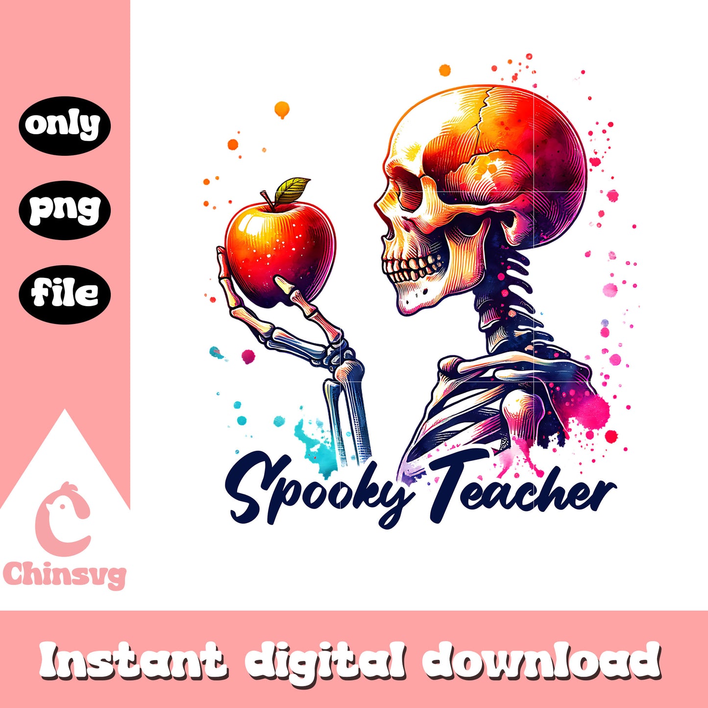Spooky teacher halloween skeleton png, colorful skeleton png