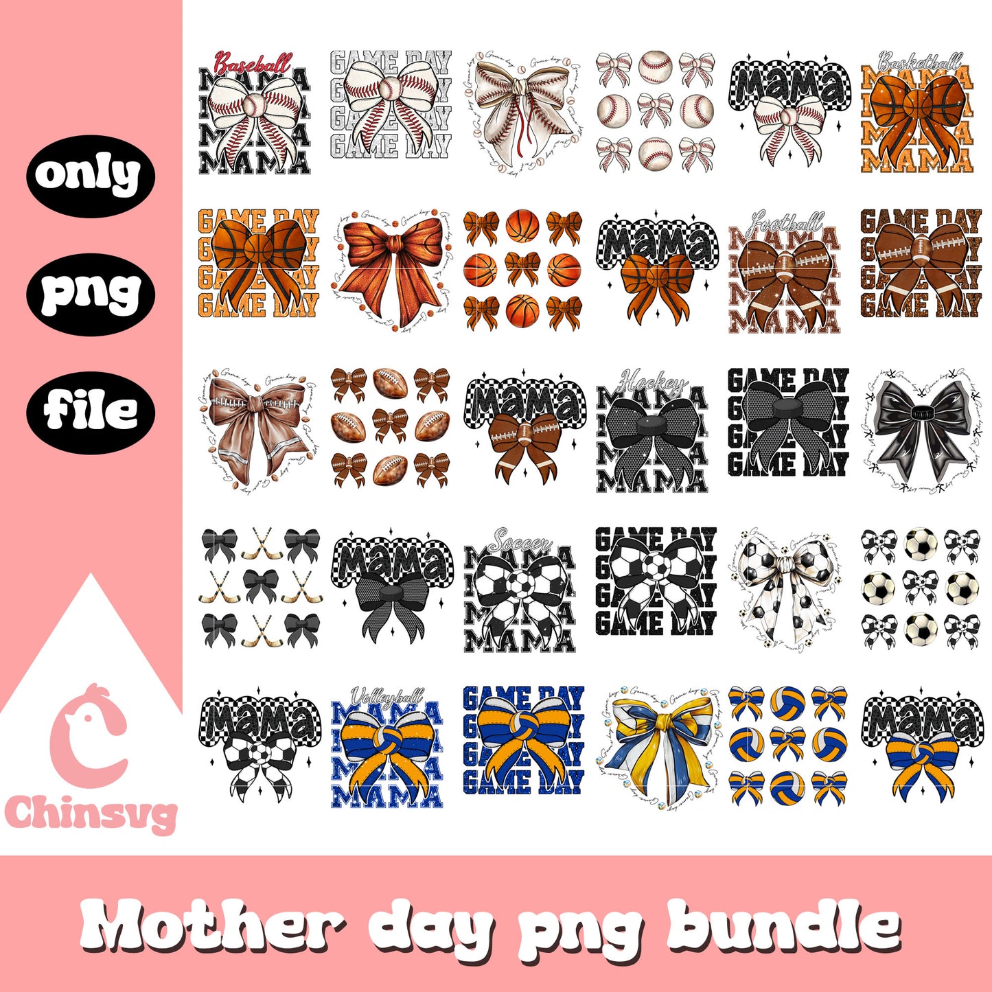 Sports bow costume mother day bundle png, sports png, mother's day png