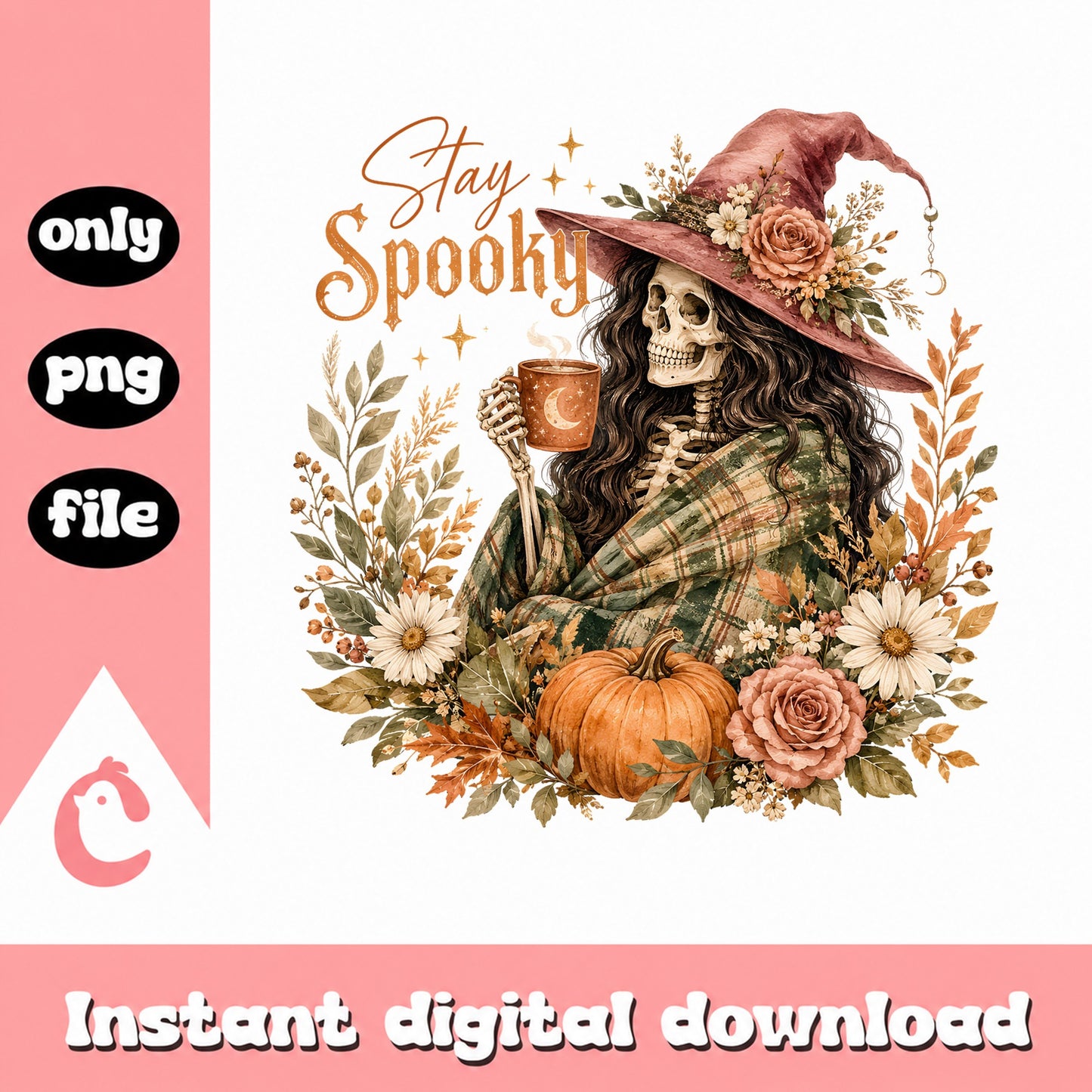 Stay Spooky Skeleton Witch PNG, Halloween Floral PNG, Boho PNG