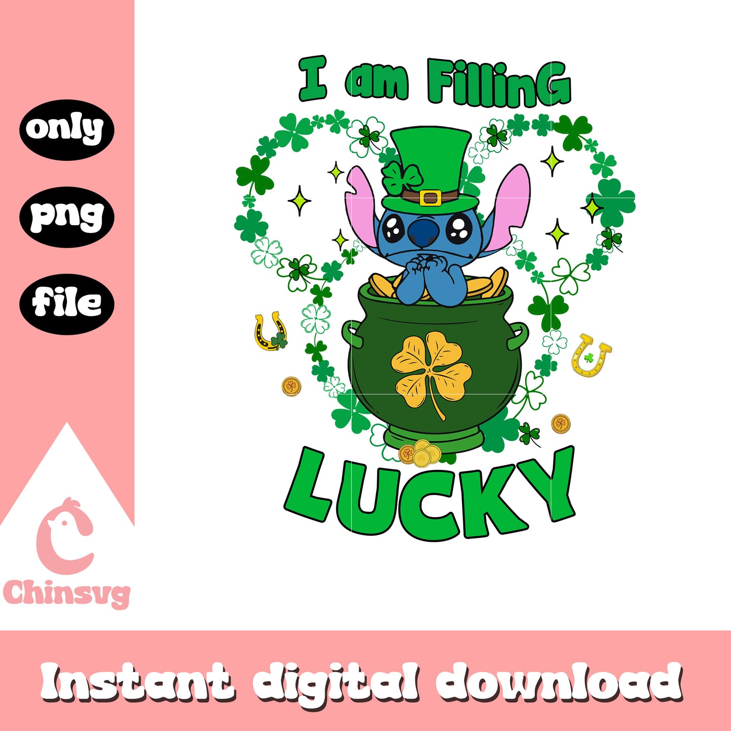 Stitch I'm feeling lucky png, lucky png, saint patrick day png