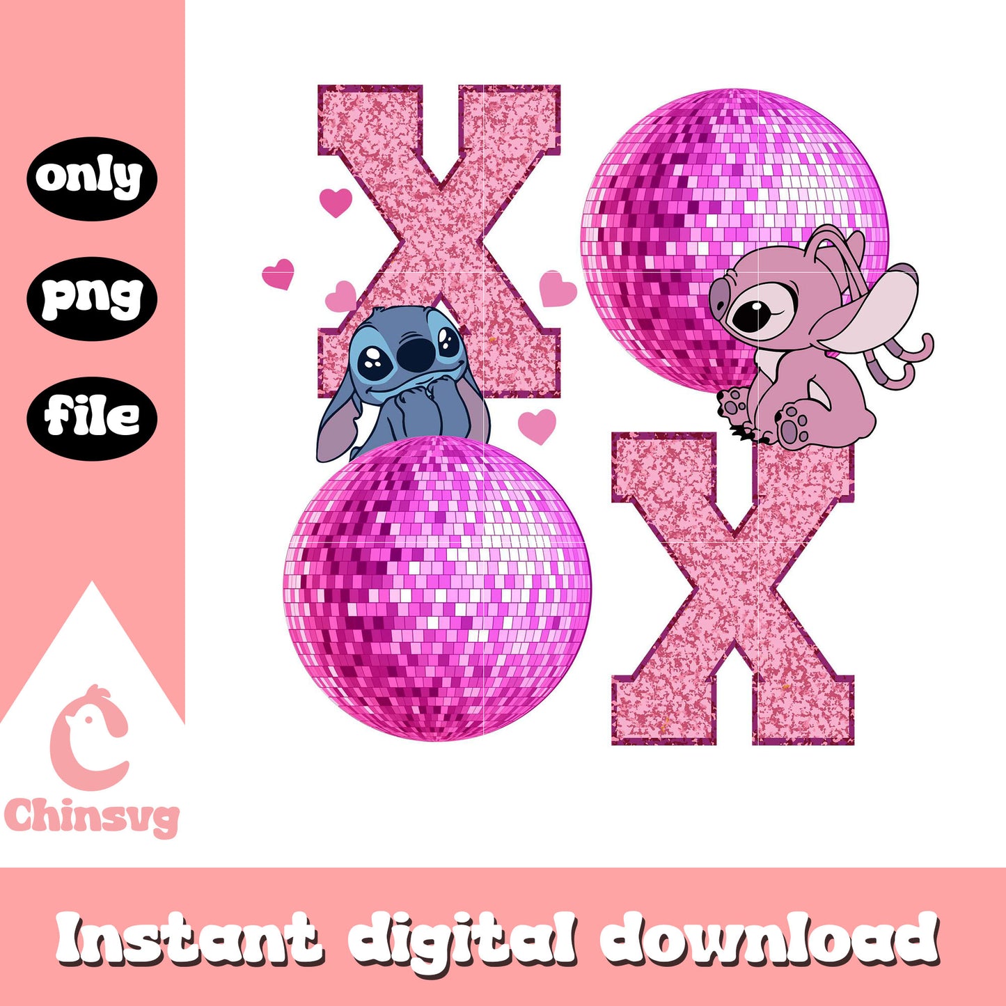 Stitch and Angel glitter xoxo valentine png, xoxo valentine png