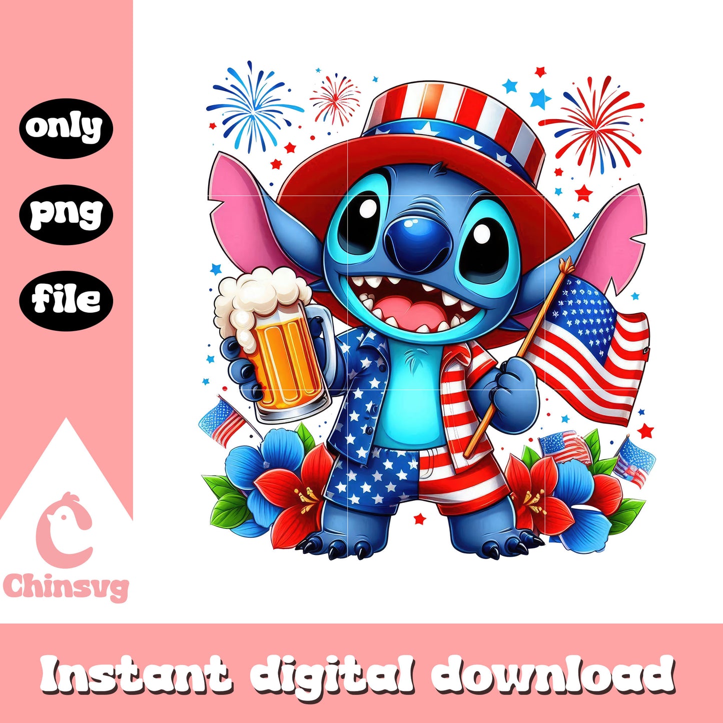 Stitch beer independence day png, stitch drink beer png