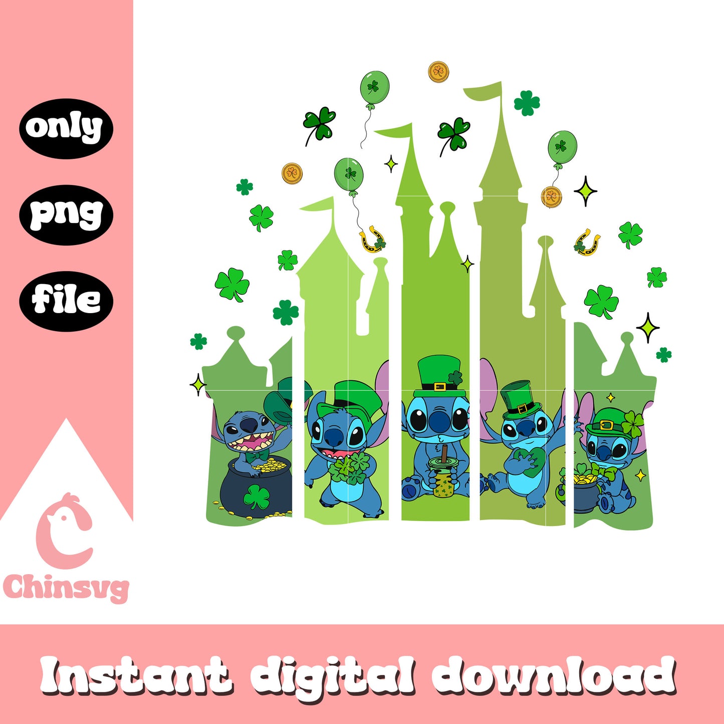 Stitch castle st patrick's day png, disney stitch png, disney castle png