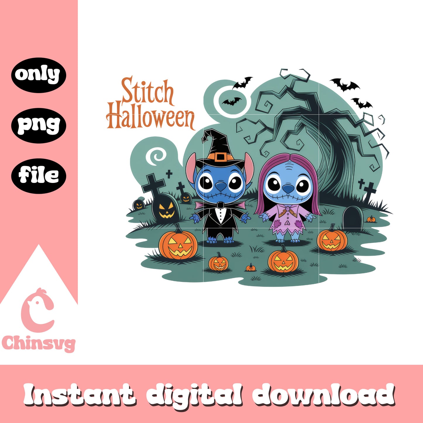 Stitch halloween jack and sally design png, halloween stitch png
