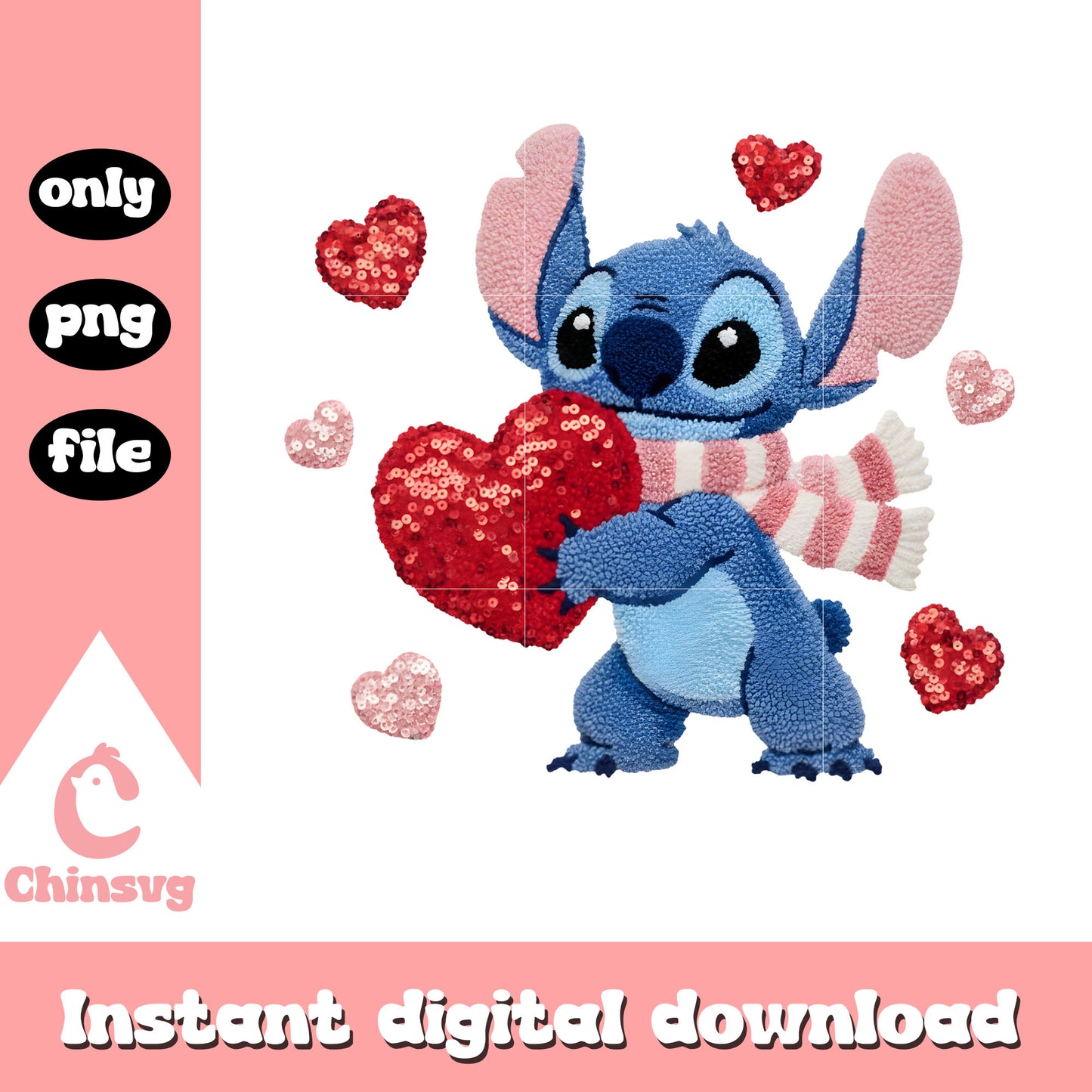 Stitch heart valentine crochet png, stitch valentine png