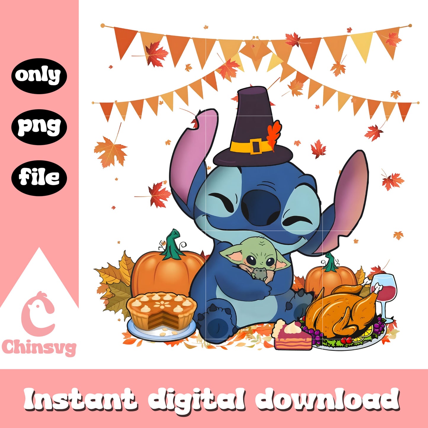 Stitch hugging baby yoda design png, stitch character png