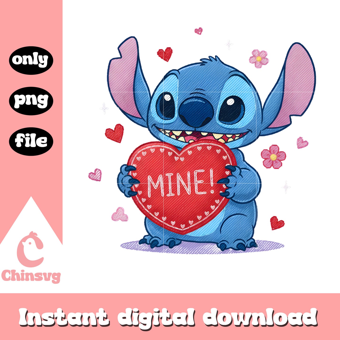 Stitch mine hearts valentine png, stitch valentine png