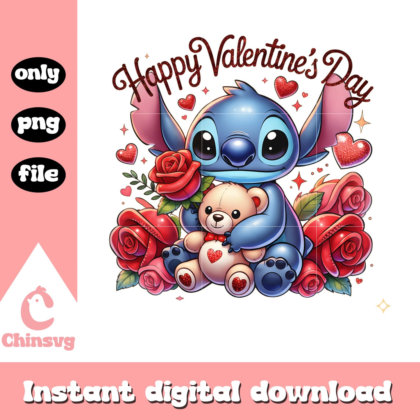 Stitch rose bear valentine png, stitch valentine png