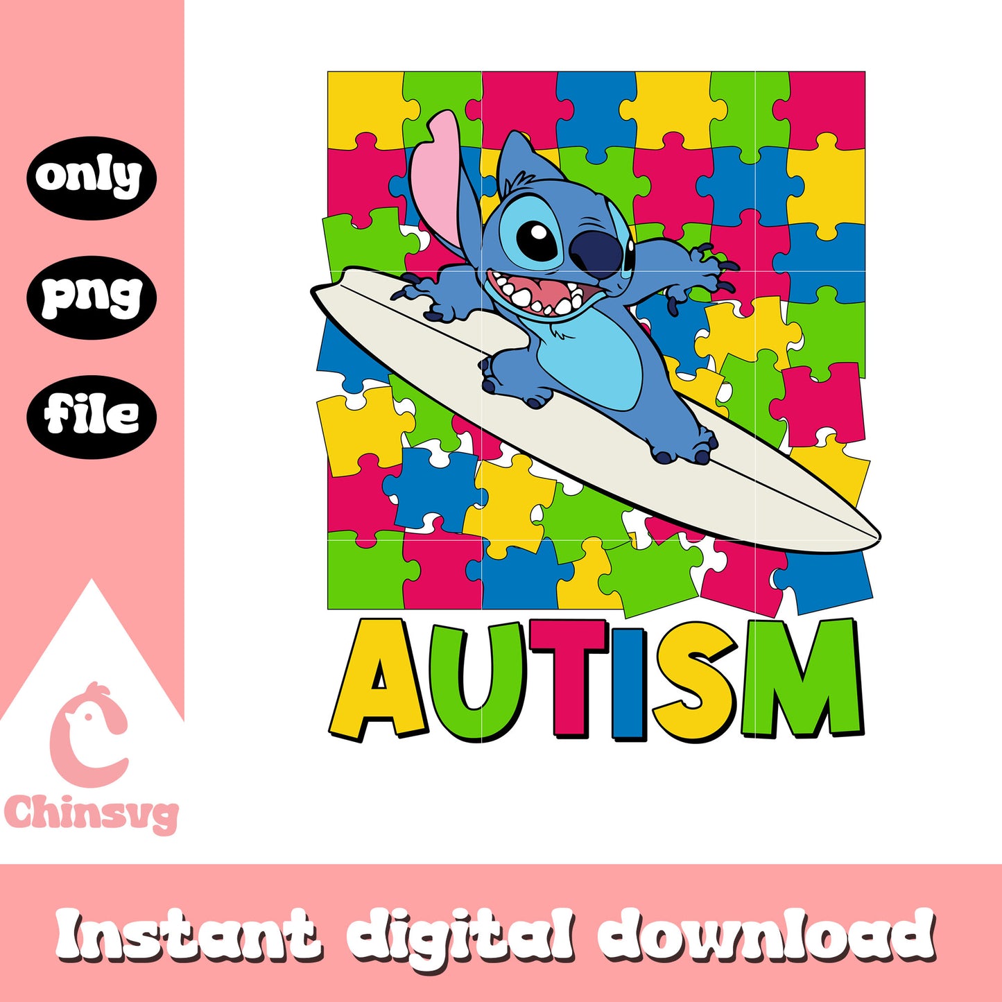Stitch surfboard autism png, autism awareness puzzle piece png