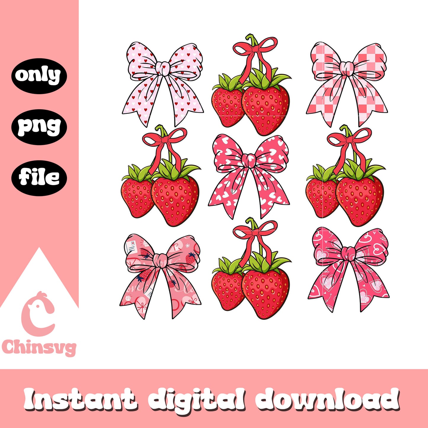 Straw berry and coquette bow valentine png, sweet valentine png
