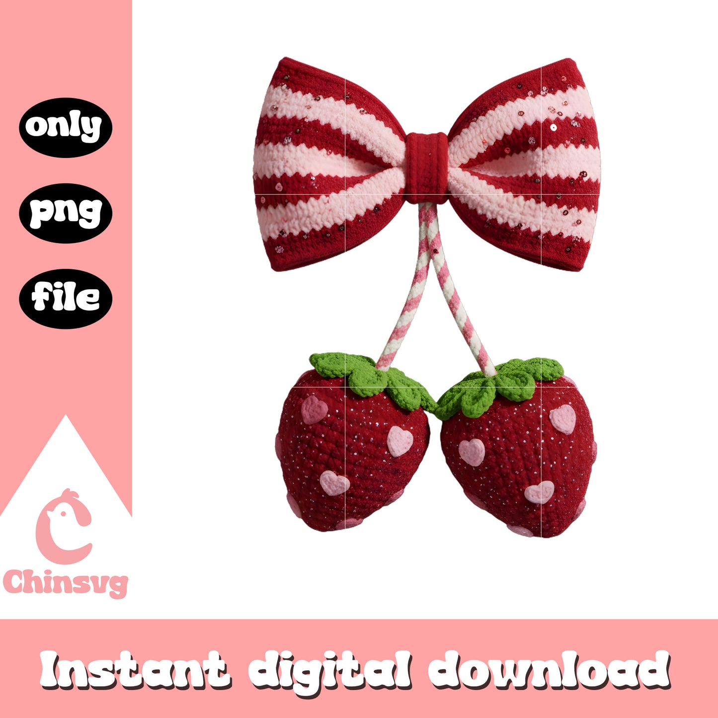 Strawberry bow valentine crochet png, valentines day bow png