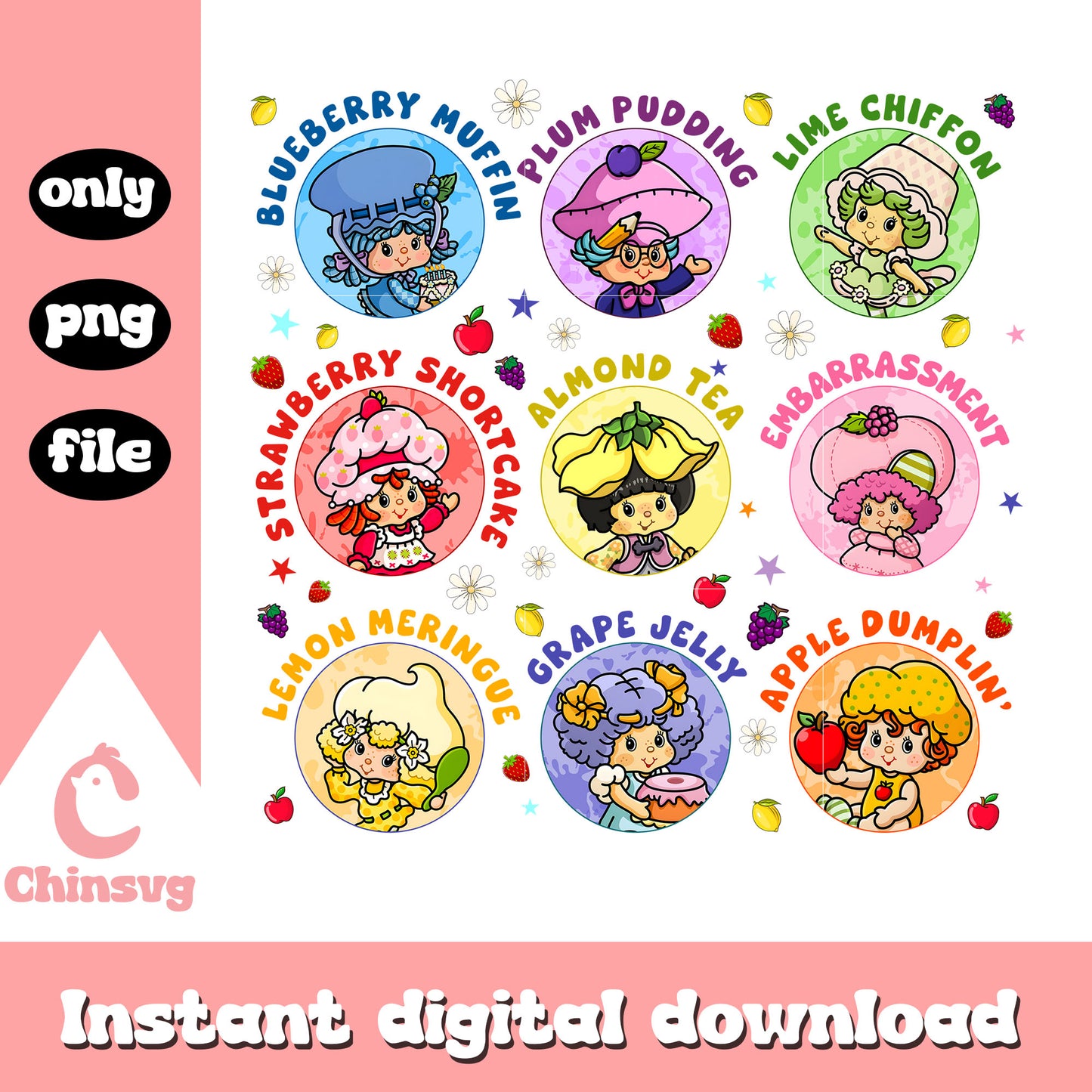 Strawberry shortcake characters name design png, strawberry cartoon png