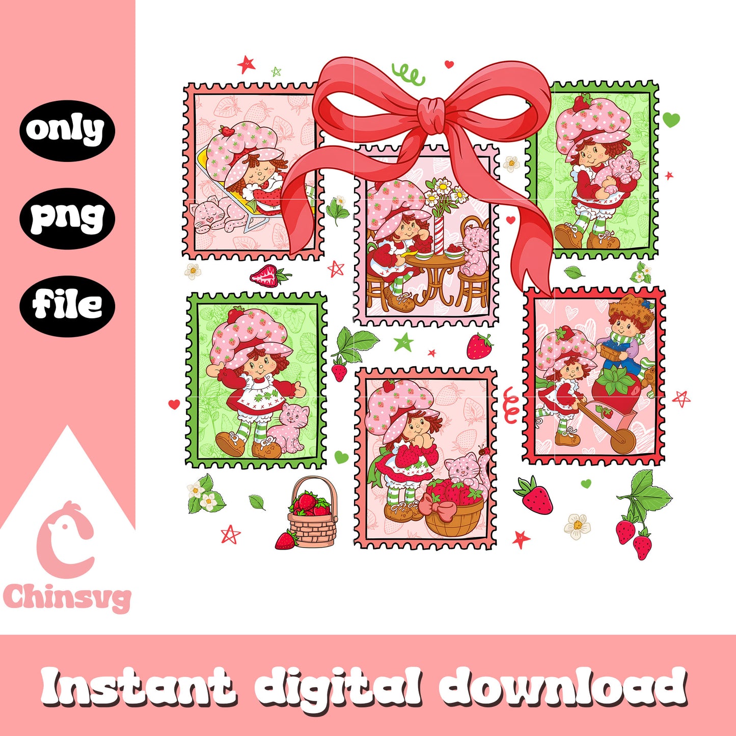 Strawberry shortcake stamp bow design png, strawberry shortcake cartoon png