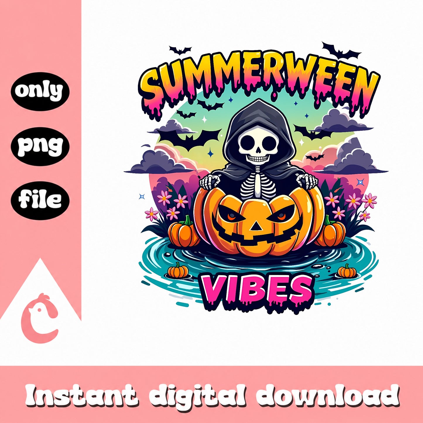 Summerween Vibes PNG, Skeleton Pumpkin Halloween PNG, Spooky PNG