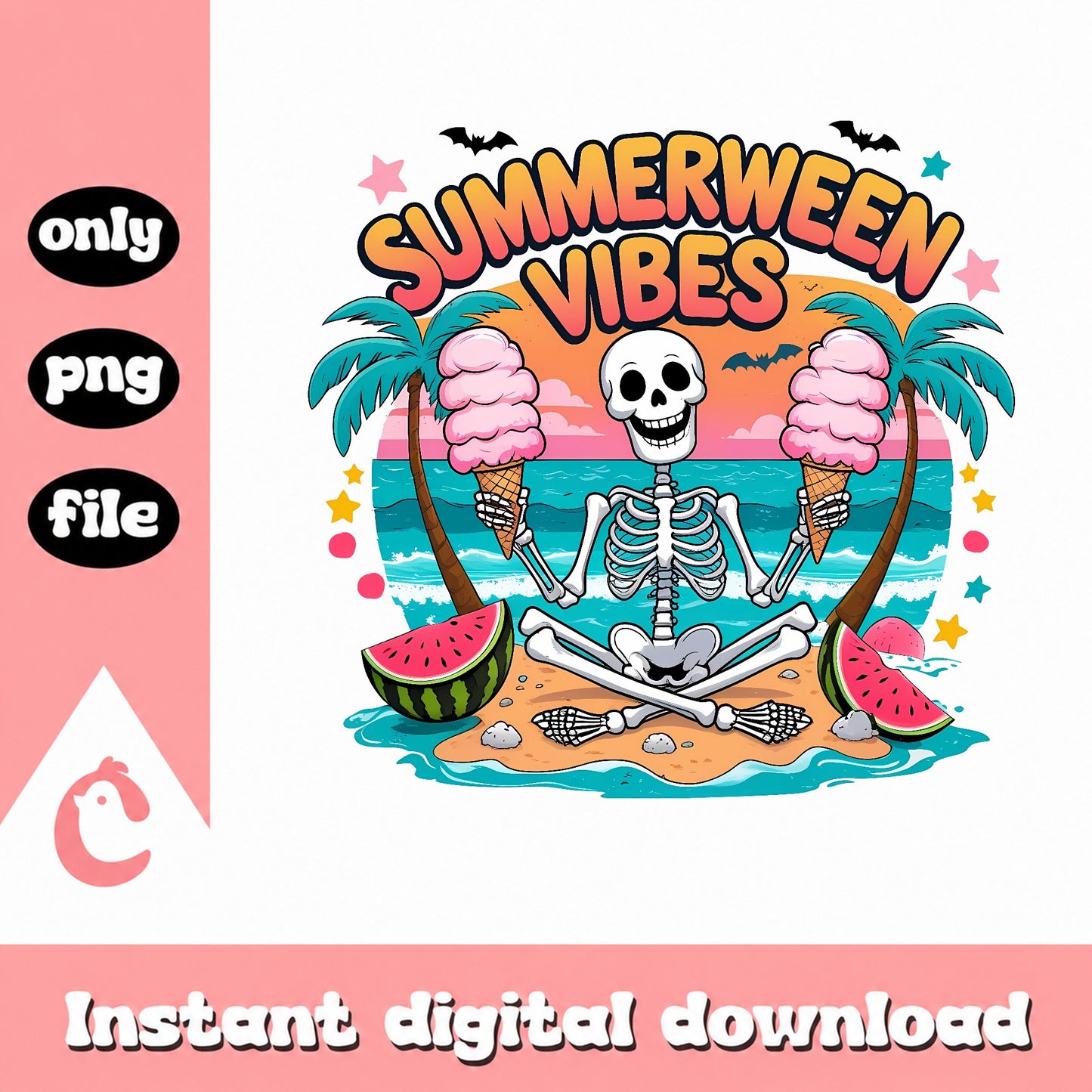 Summerween Vibes Skeleton Beach PNG, Halloween Summer PNG, Retro Skeleton PNG