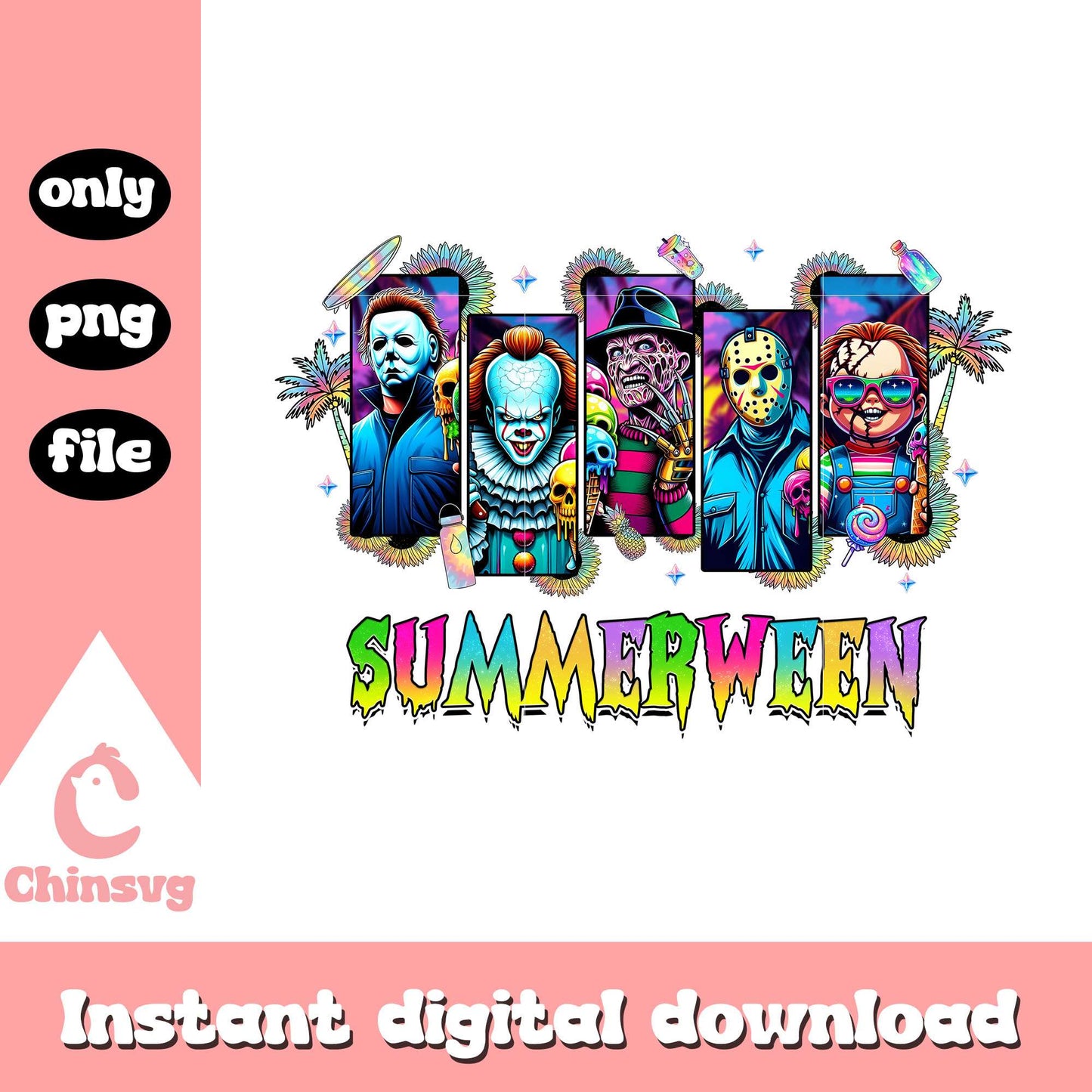 Summerween vibes cards drawing png, scary horror characters png