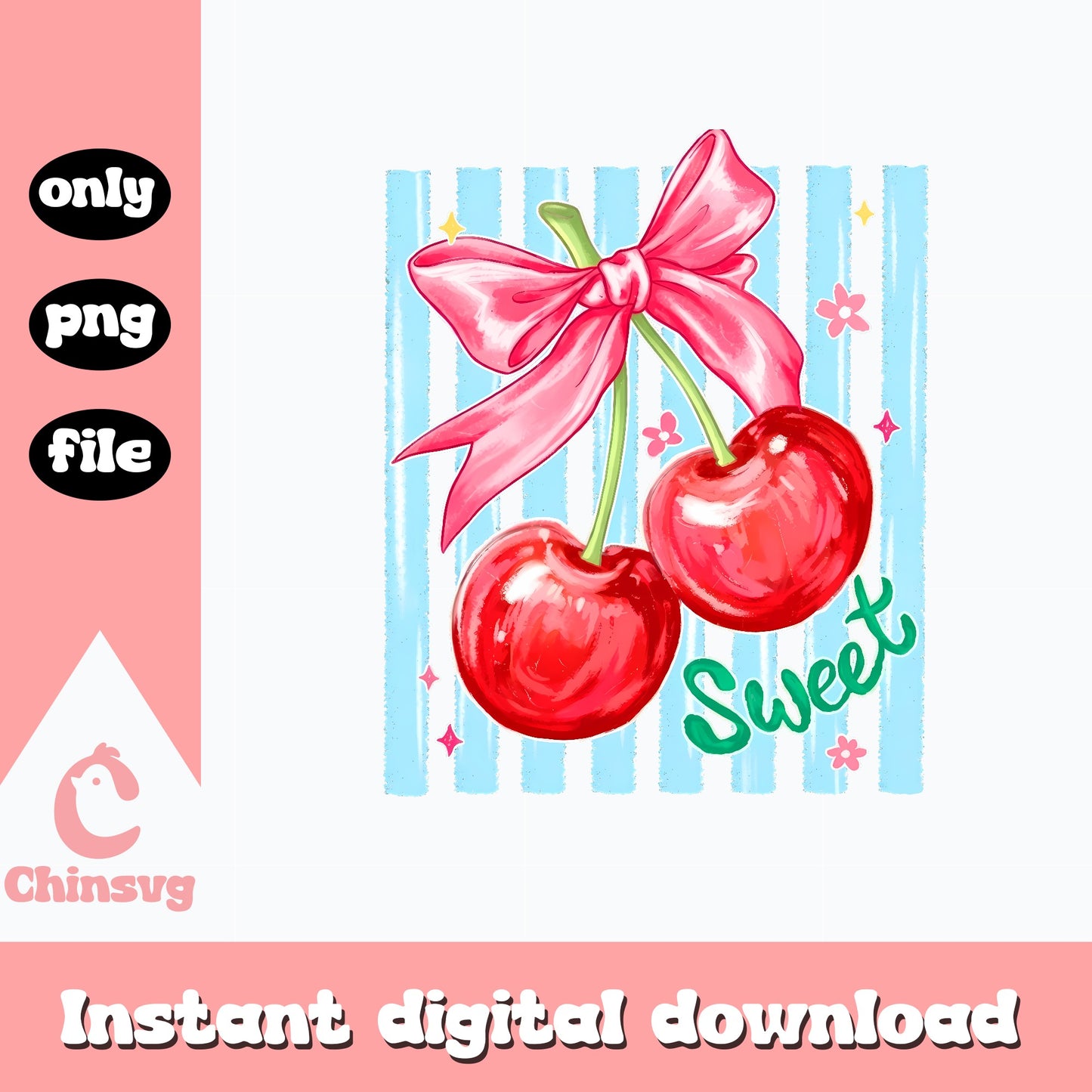 Sweet Cherry With Pink Bow PNG, Coquette Cherry PNG, Fruit PNG