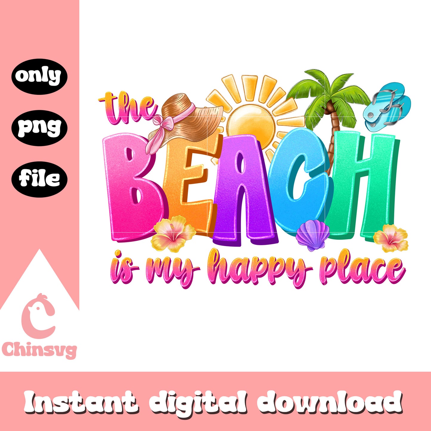 The beach is my happy place quote png, summer quote png