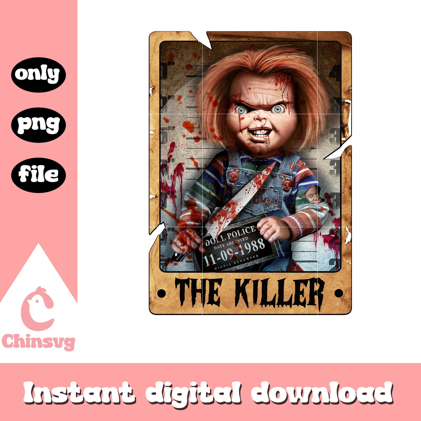 The killer chucky character design png, scary halloween movies png
