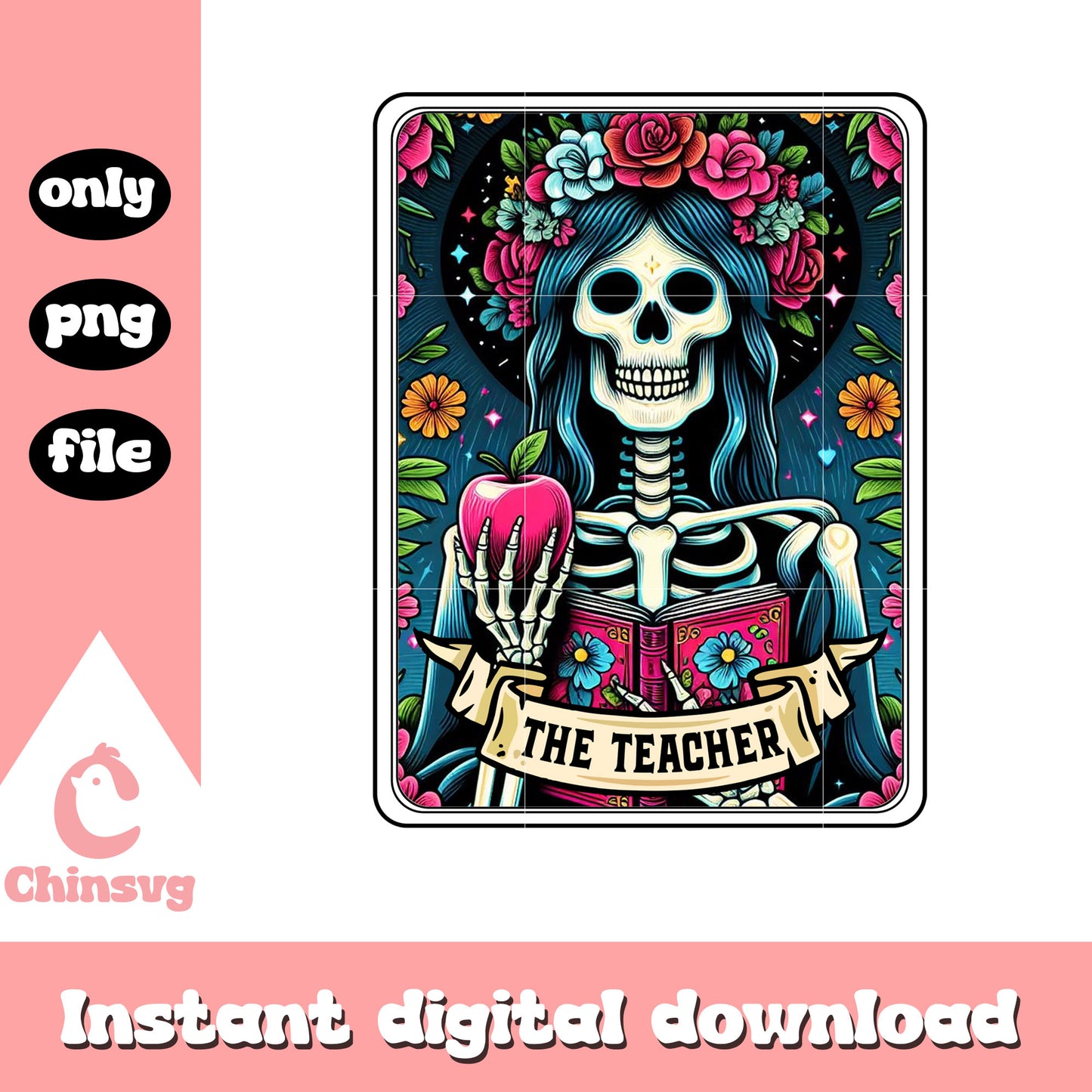The teacher tarot card design png, tarot card png, skull png