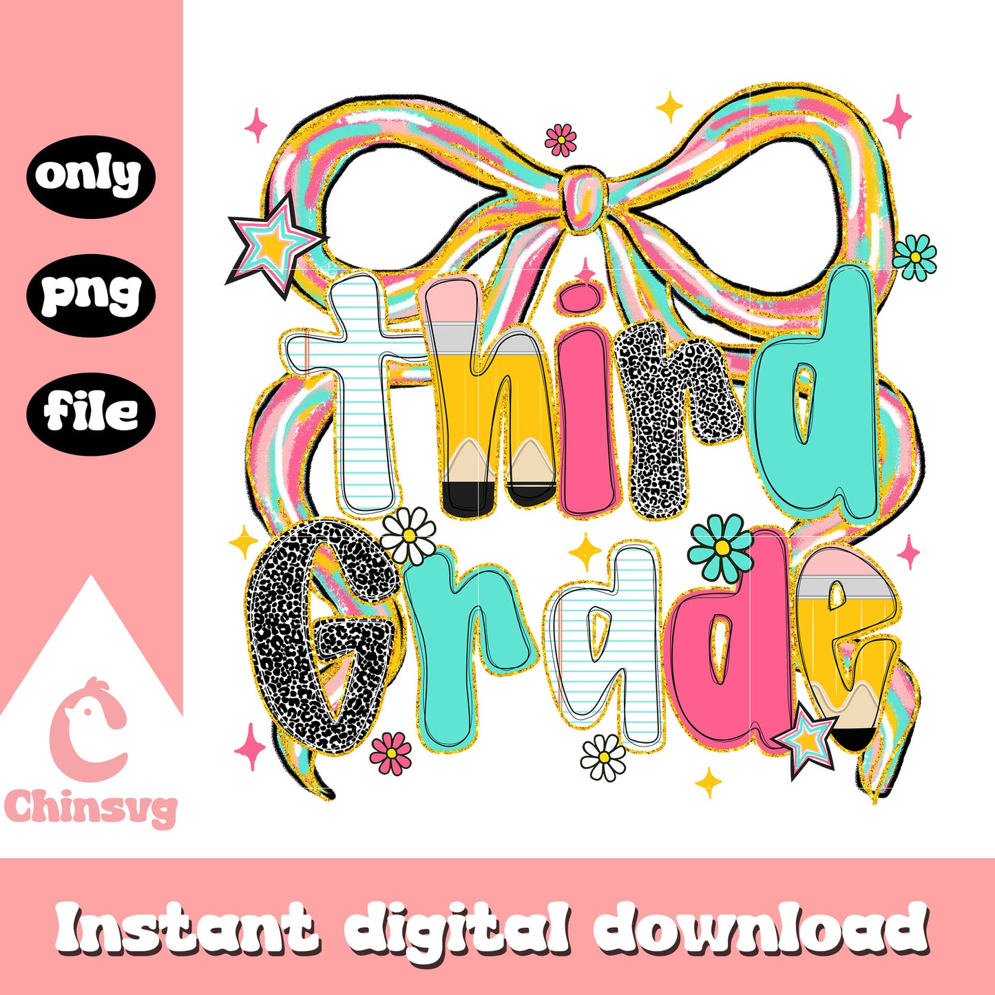 Third grade on school png, grade school png, vintage bow png