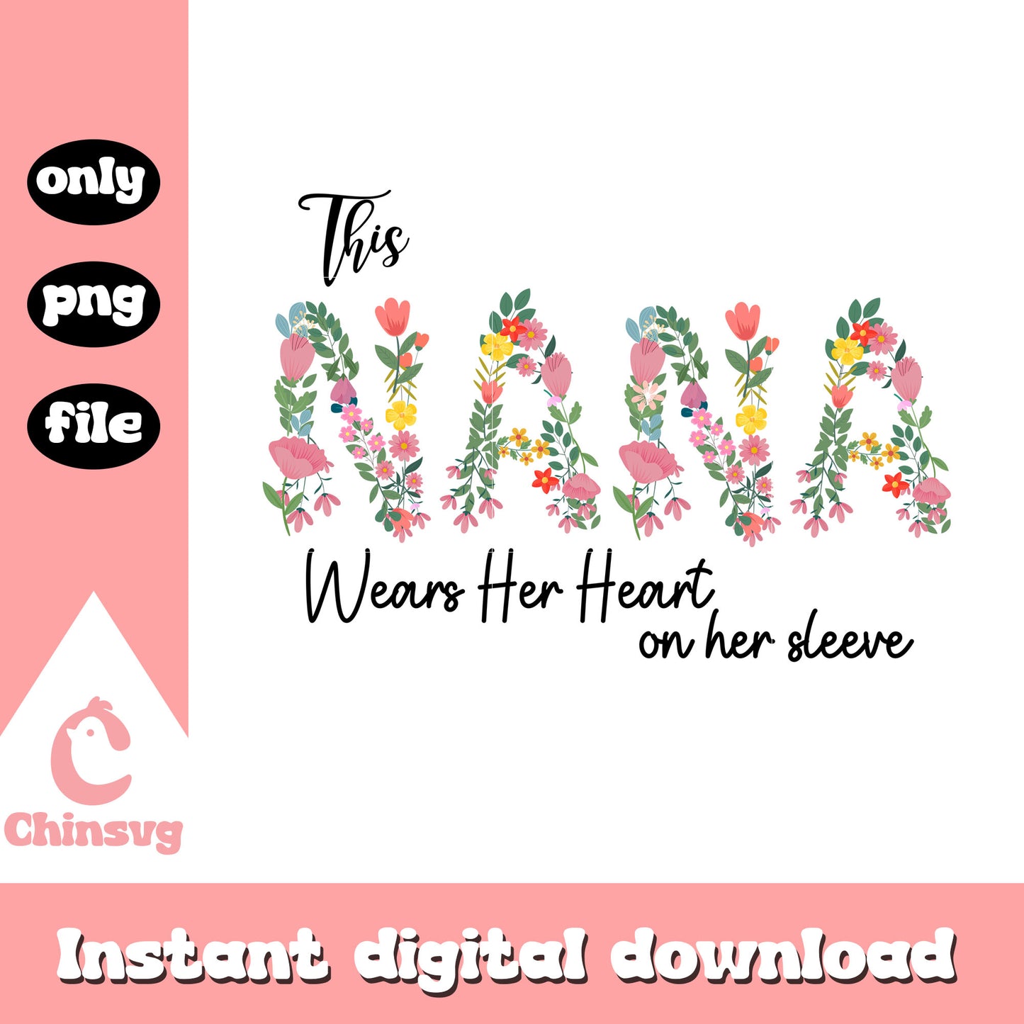 This nana wears her heart on her sleeve png, vintage flower png