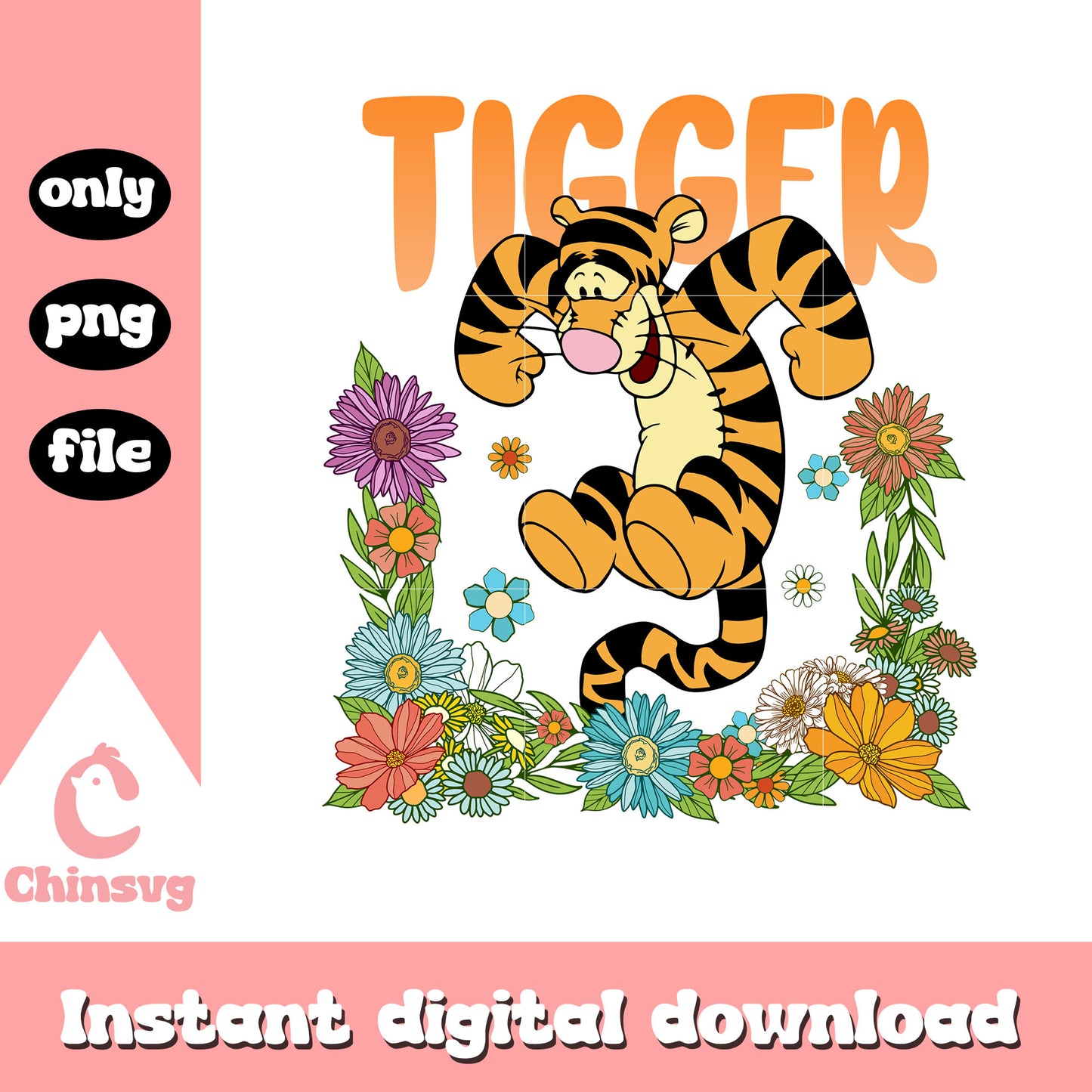 Tigger character vintage flower png, disney character png