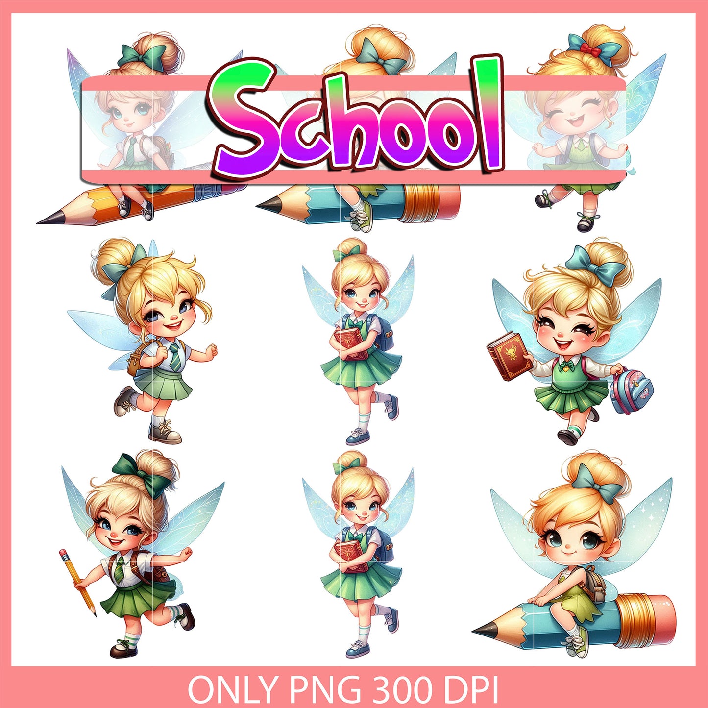 Tinkerbell character back to school design bundle png, tinkerbell png
